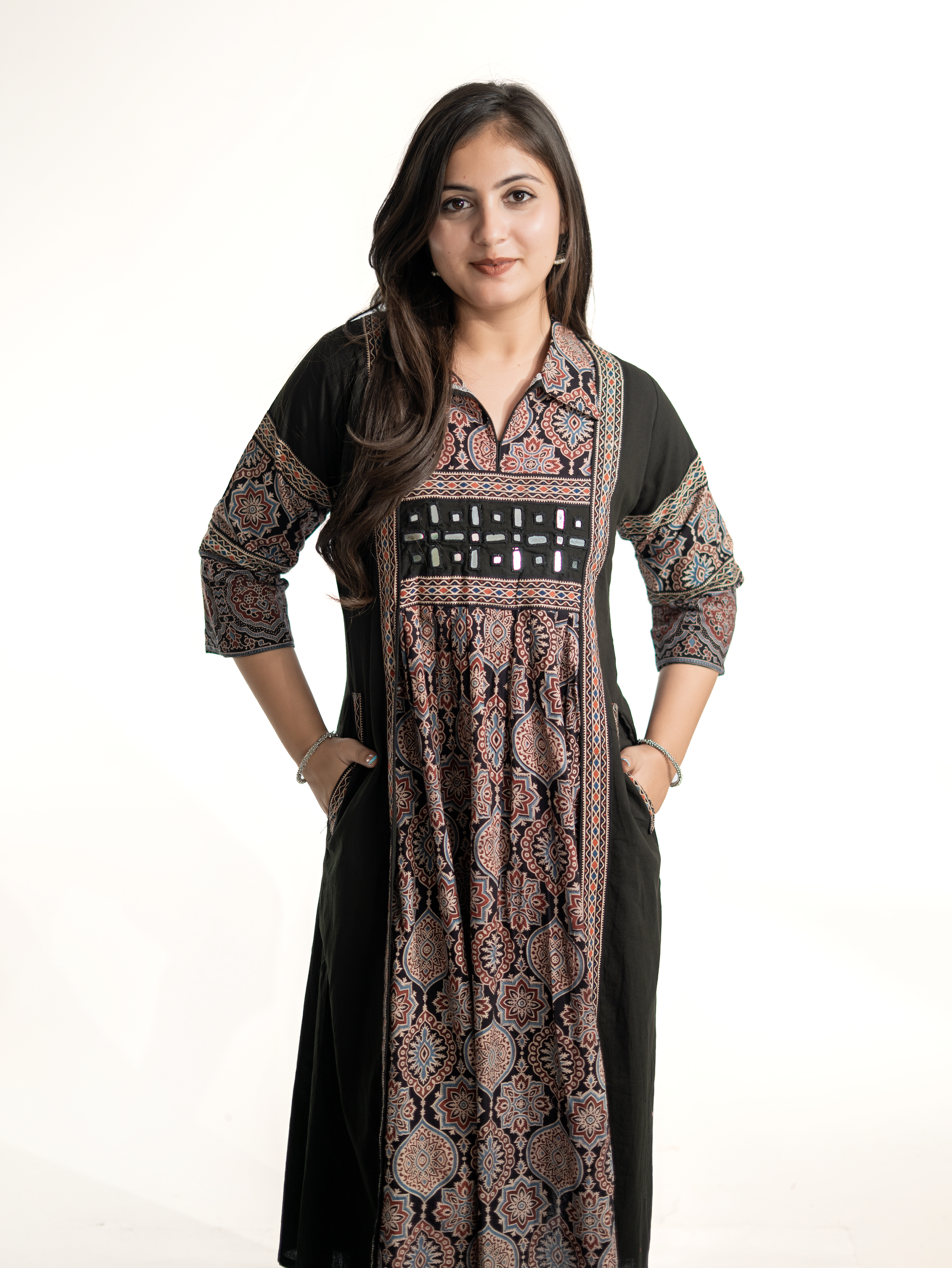 Zasha Black Cotton Ajrakh Kutch Embroidered A-line Kurta