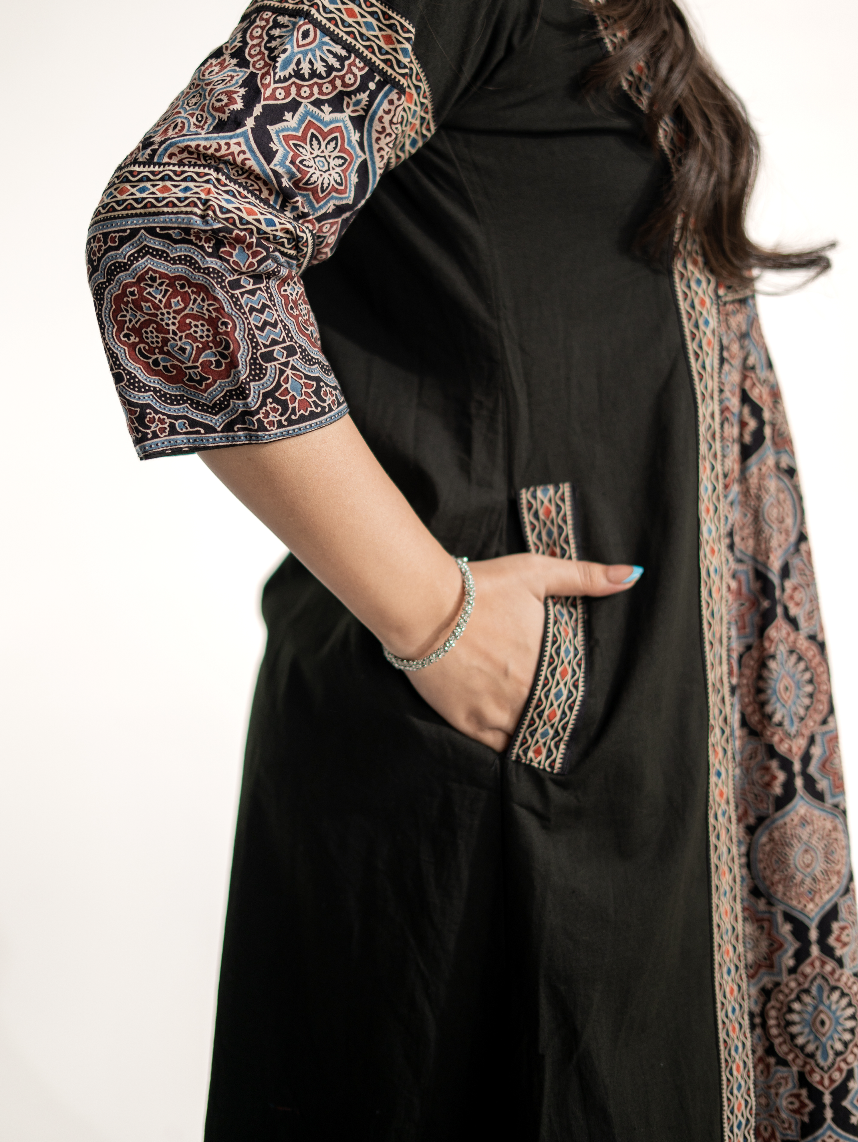 Zasha Black Cotton Ajrakh Kutch Embroidered A-line Kurta