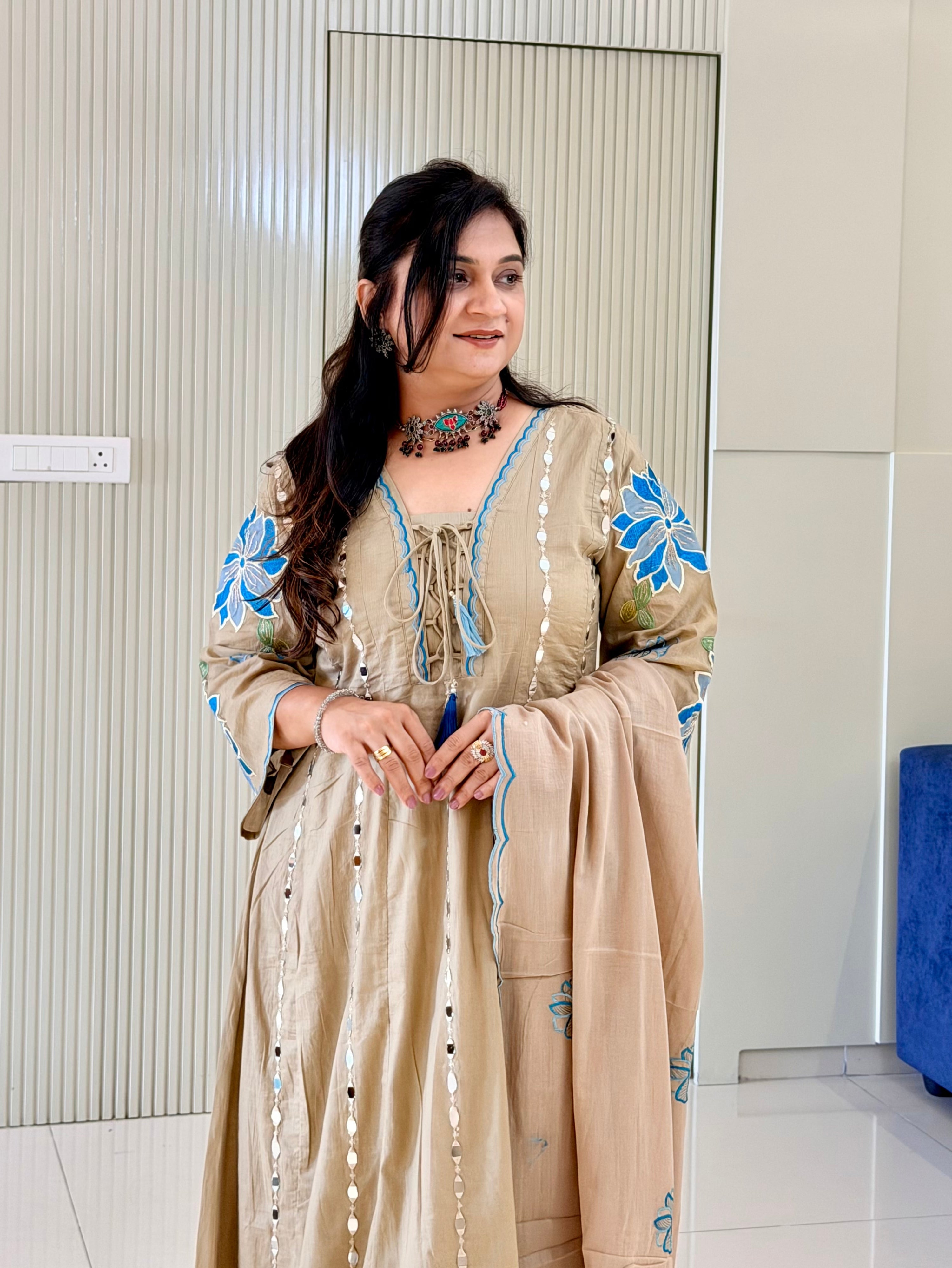 Shifa Beige Mul Cotton Mirror Embroidered Anarkali Dupatta Set