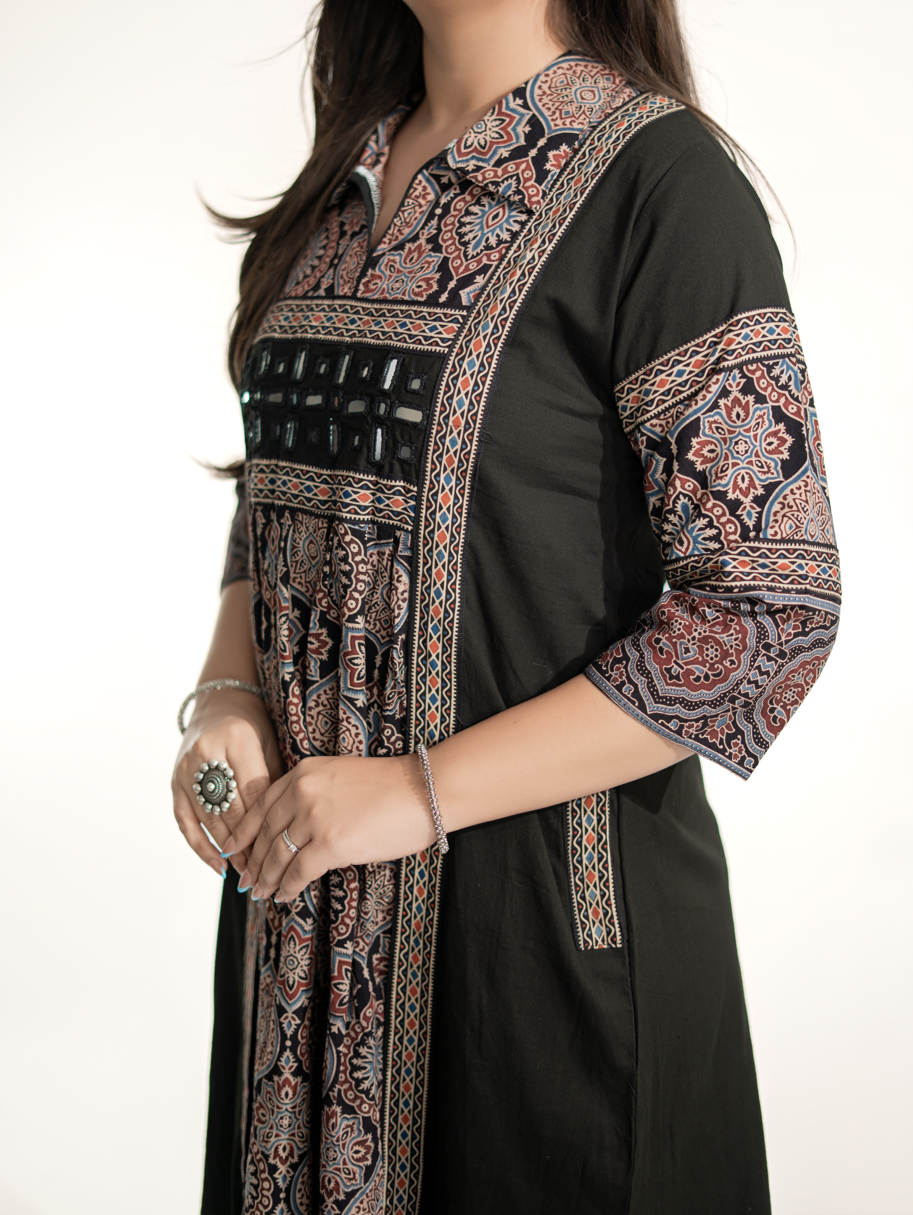 Zasha Black Cotton Ajrakh Kutch Embroidered A-line Kurta
