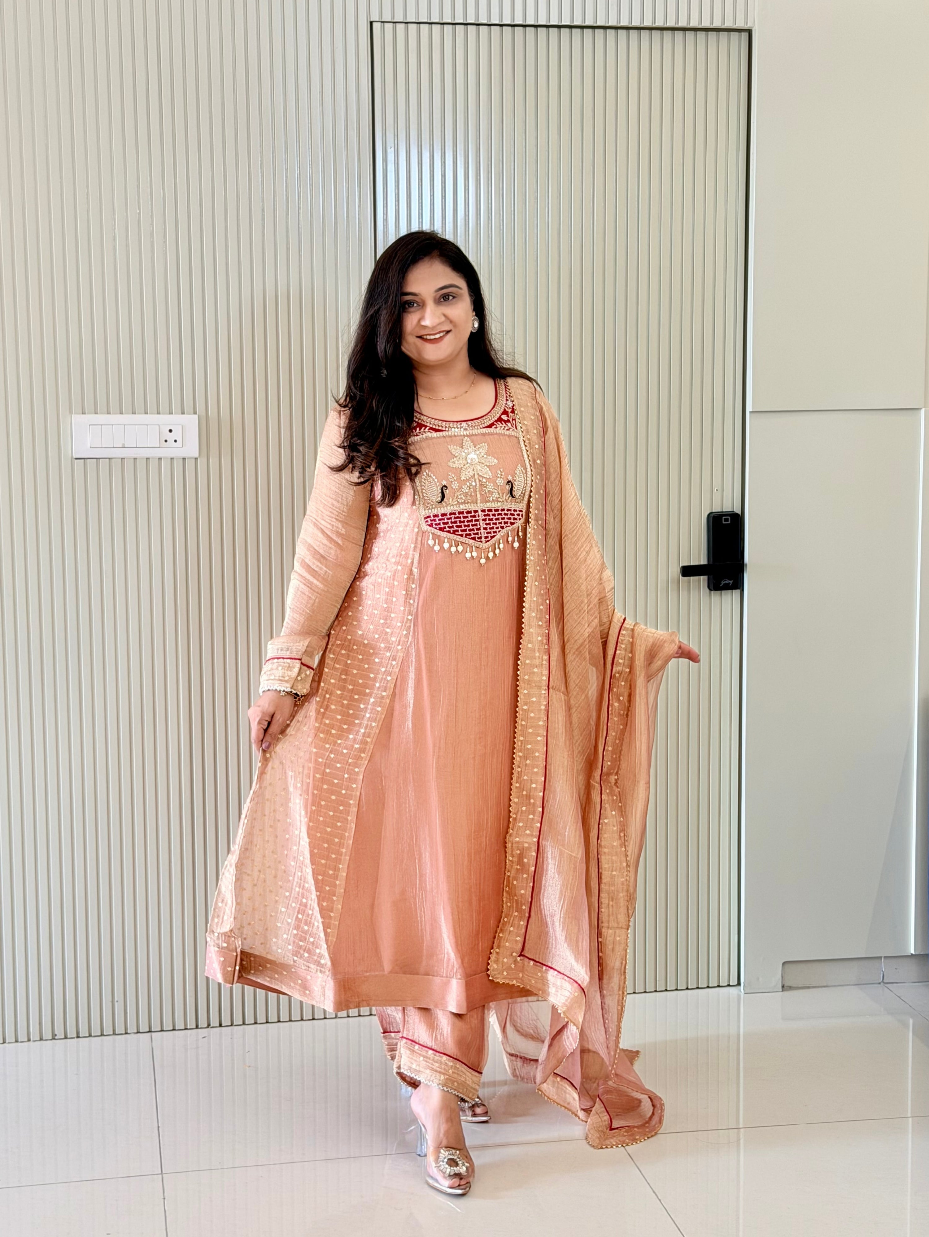Rehana Rust Shimmer Tissue Embroidered Anarkali Dupatta Set