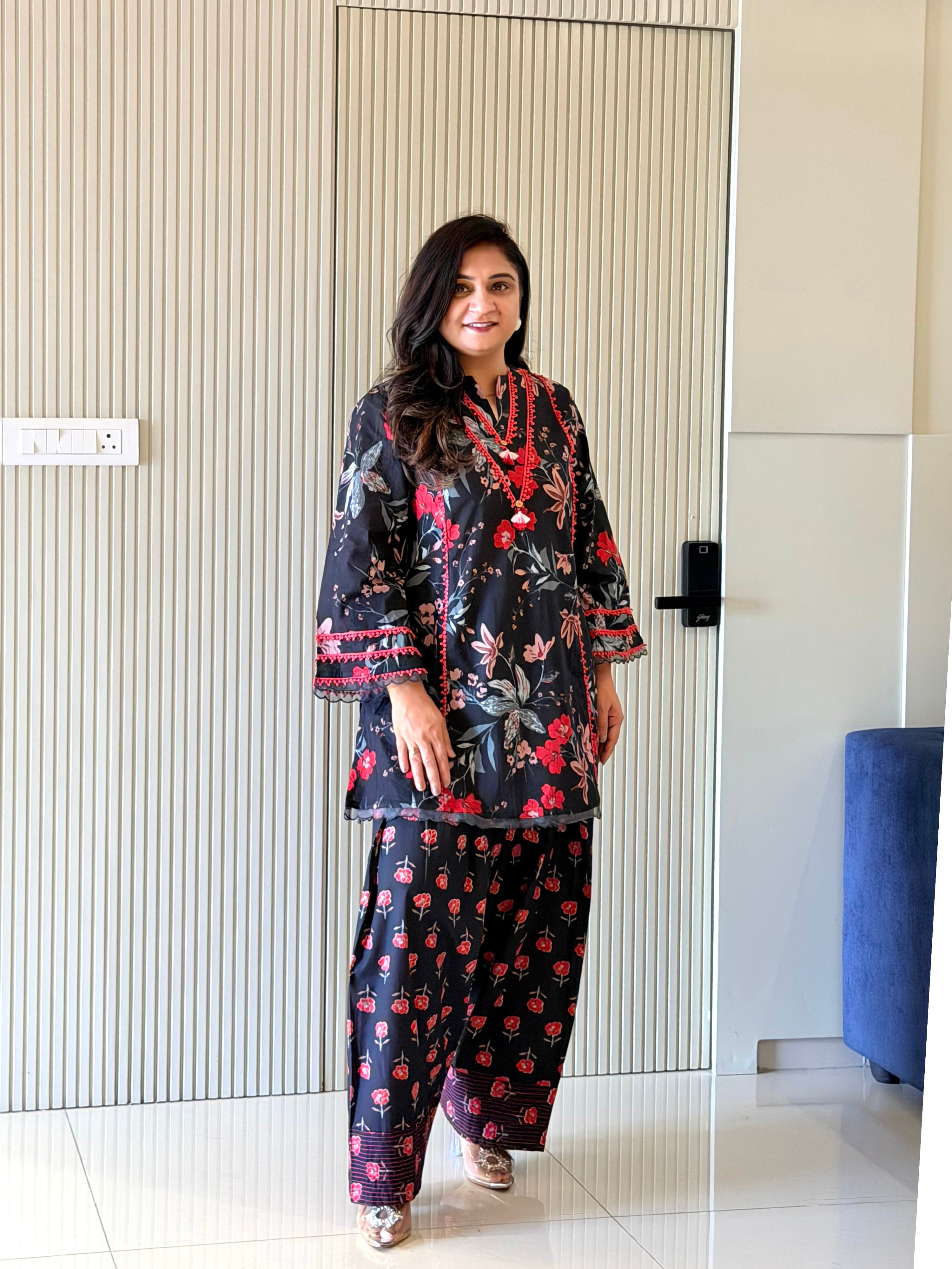 Zubeda Black Cotton Floral A-line Farshi Coord Set
