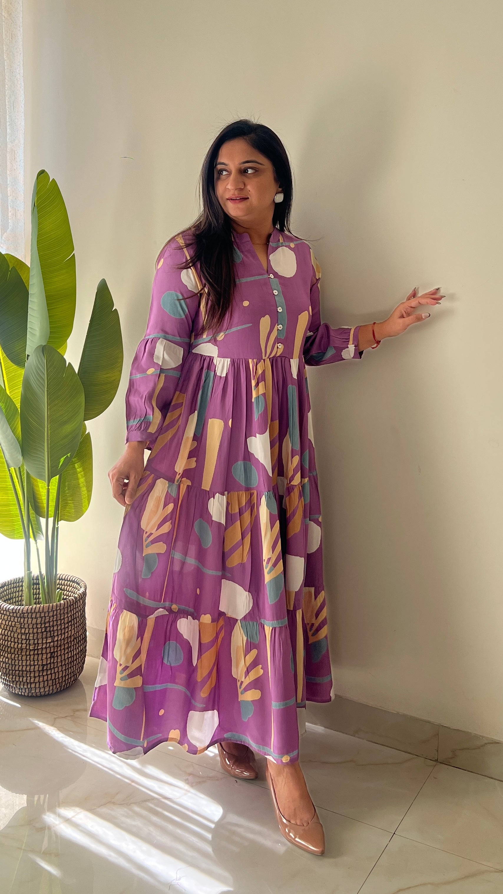 Sarfa Lilac Crystal Muslin Casual Long Dress