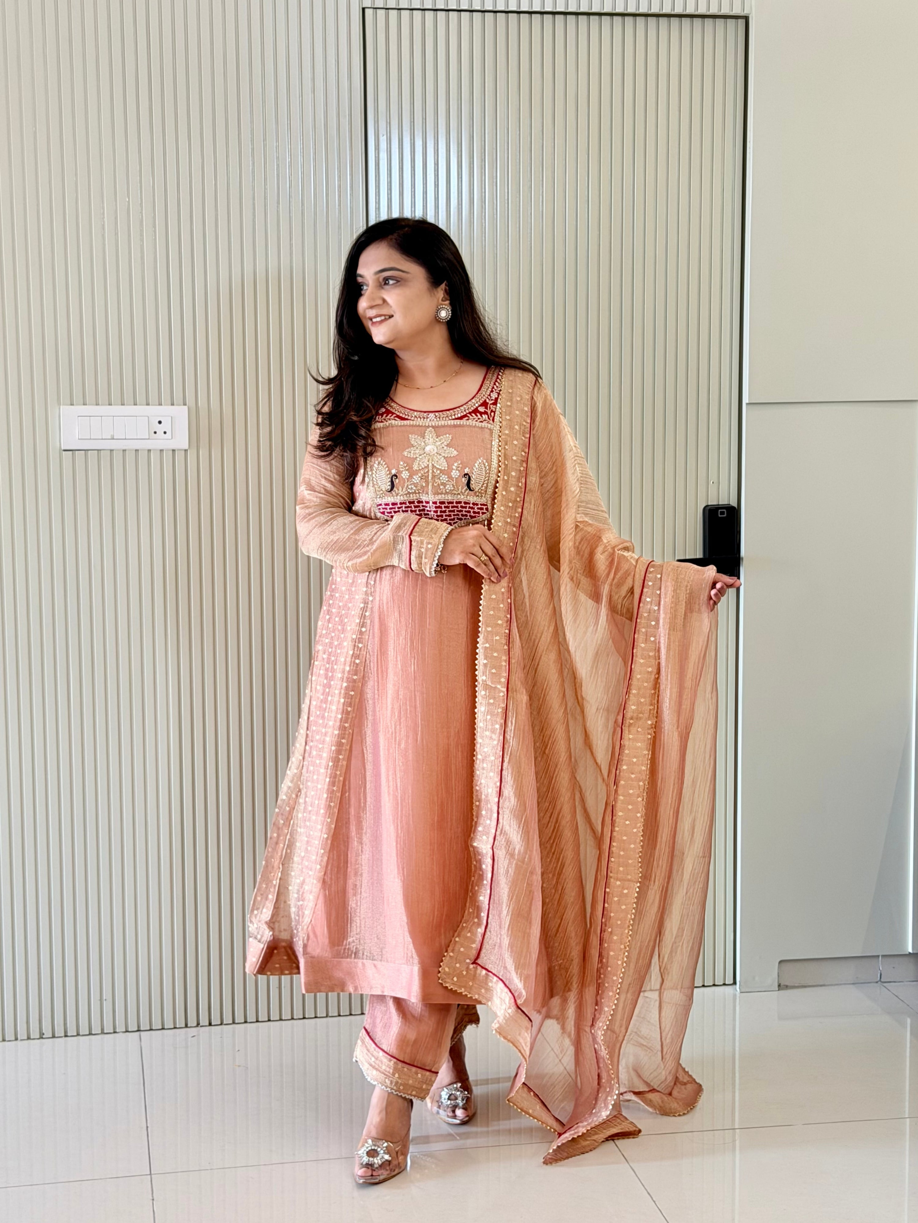 Rehana Rust Shimmer Tissue Embroidered Anarkali Dupatta Set