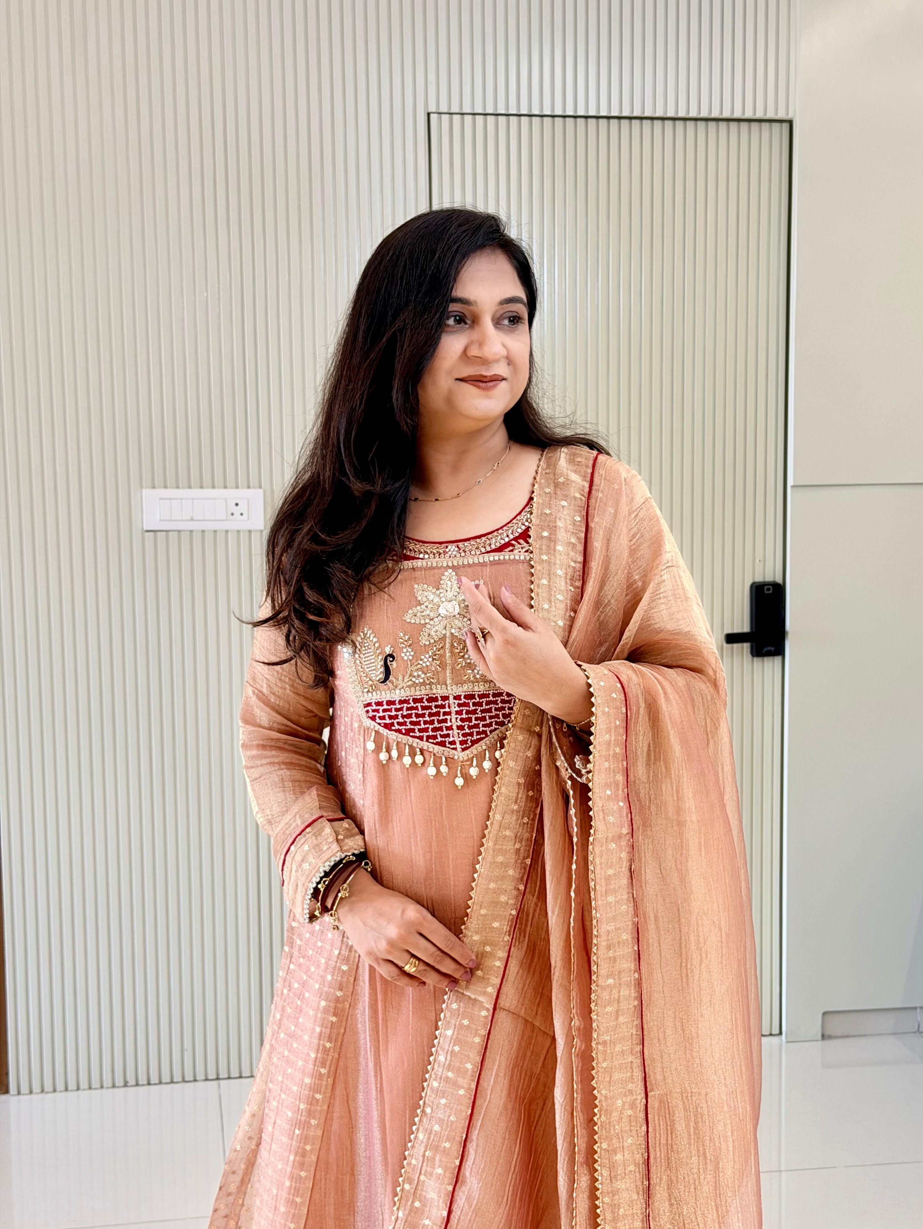 Rehana Rust Shimmer Tissue Embroidered Anarkali Dupatta Set