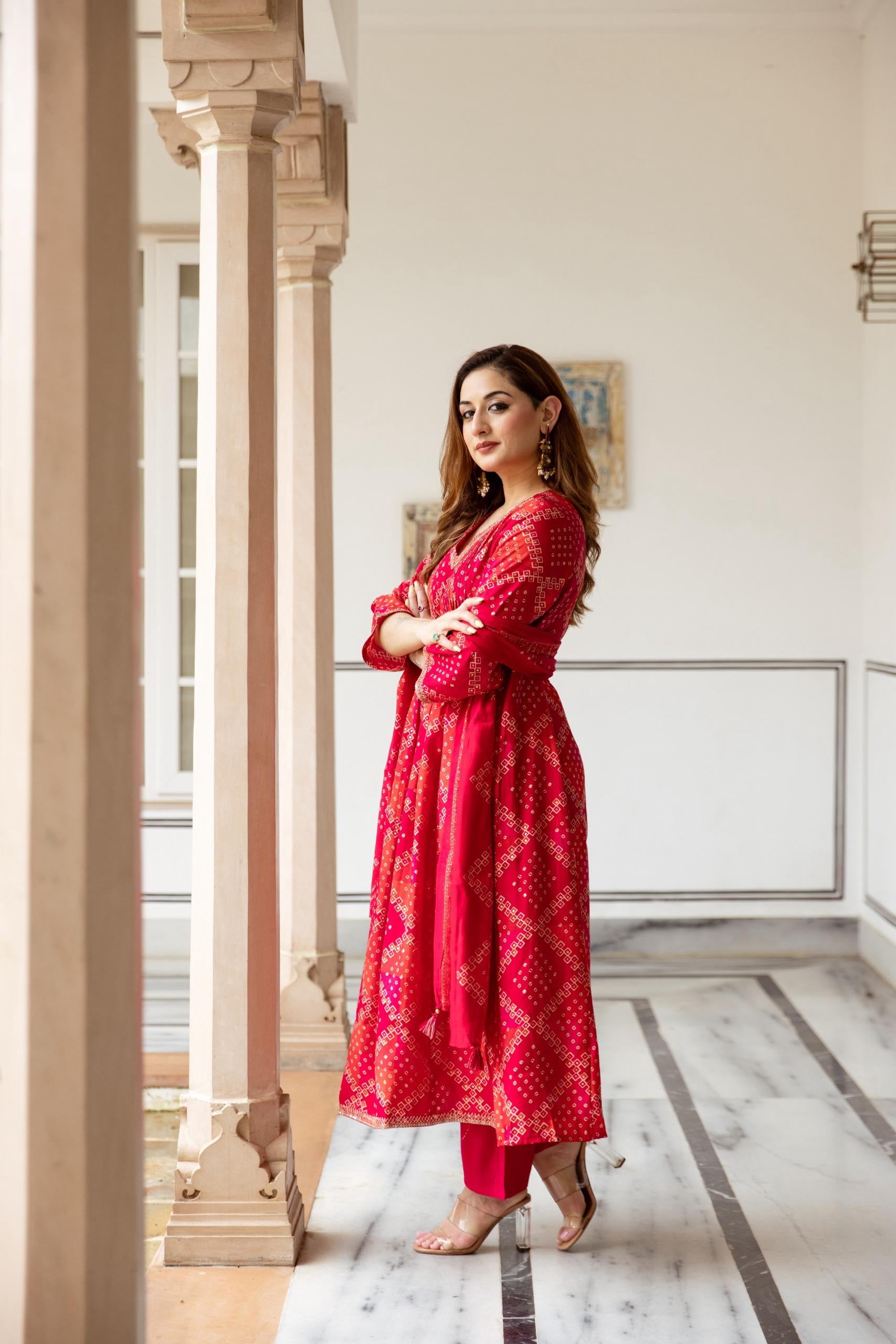 Noor Muslin Bandhani Embroidered Pant Set