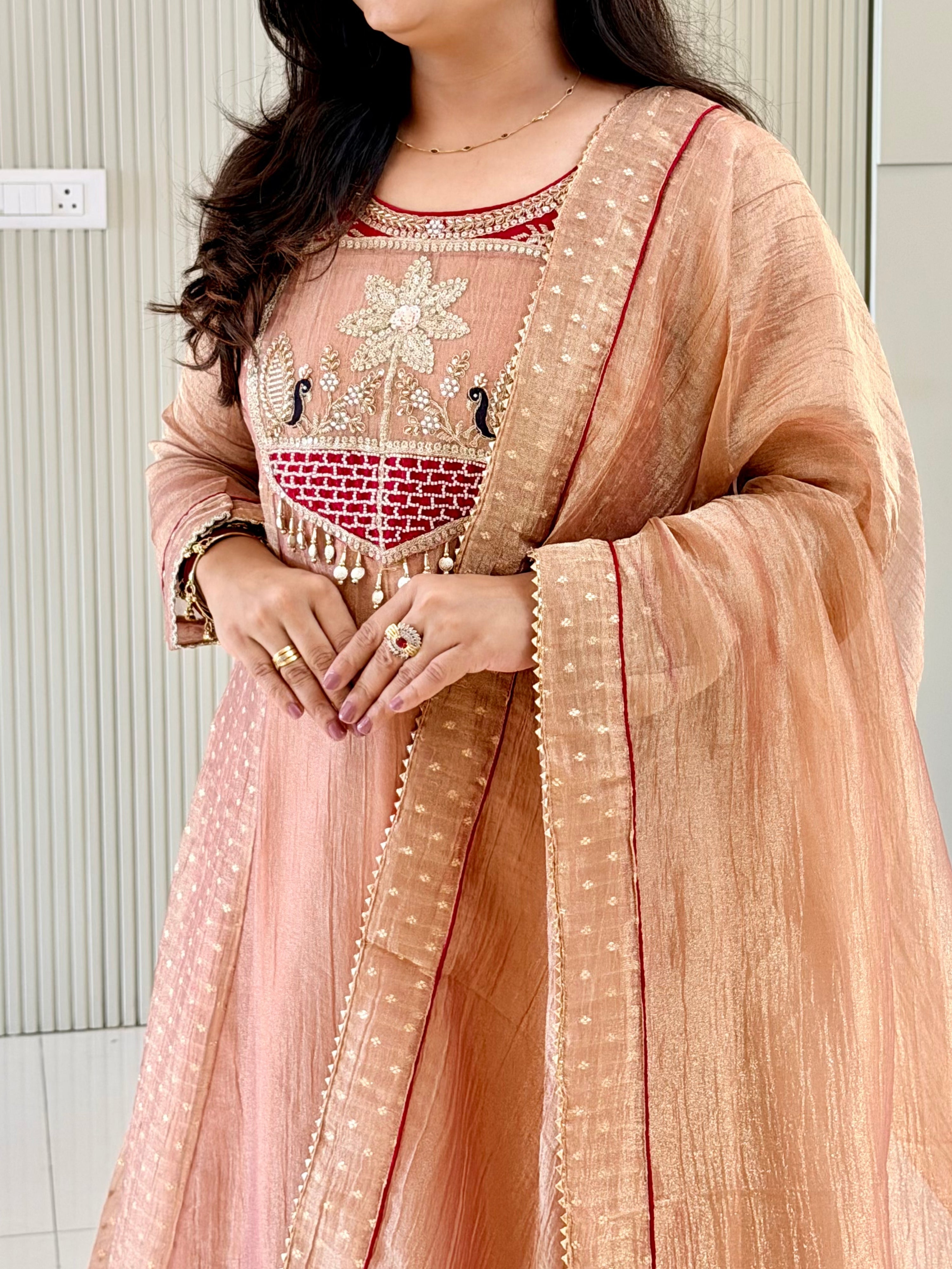 Rehana Rust Shimmer Tissue Embroidered Anarkali Dupatta Set
