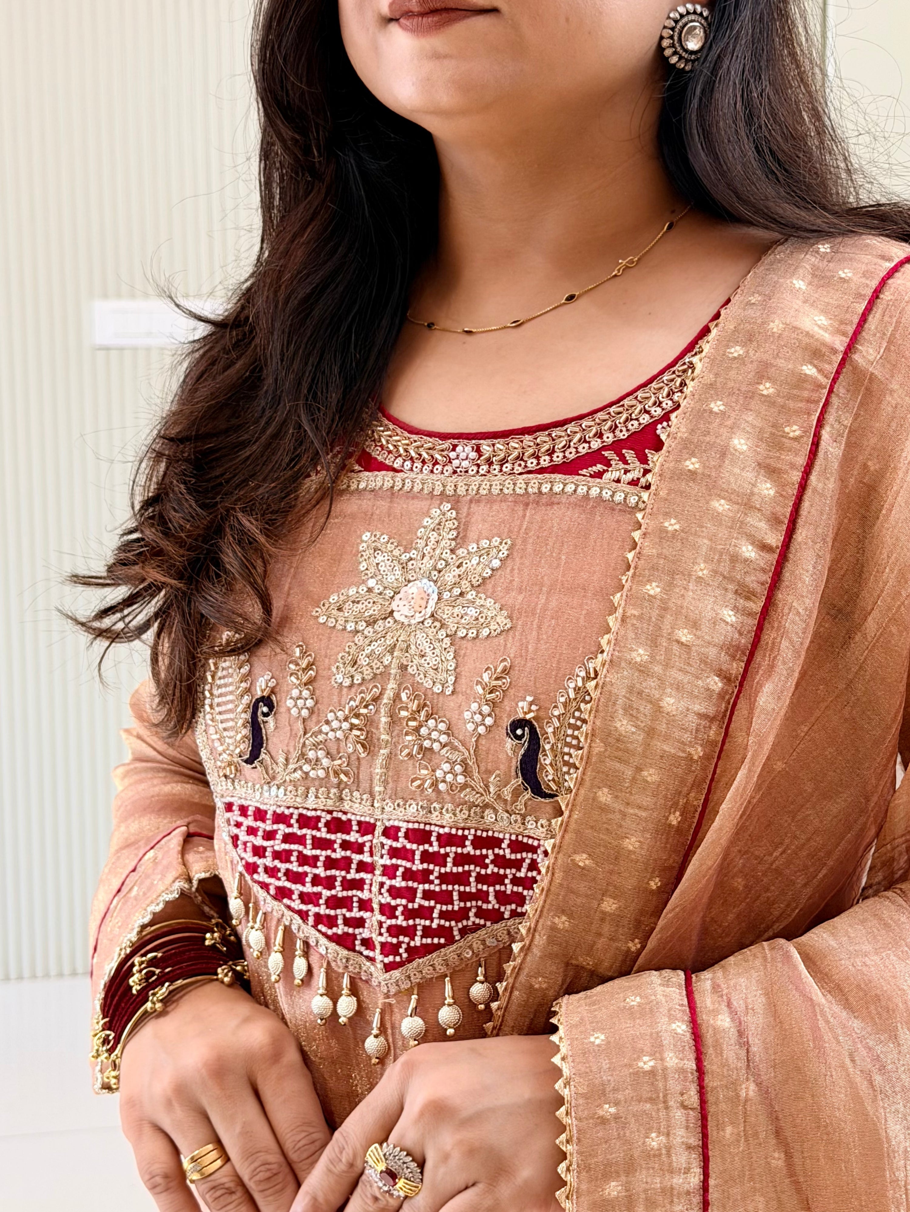 Rehana Rust Shimmer Tissue Embroidered Anarkali Dupatta Set