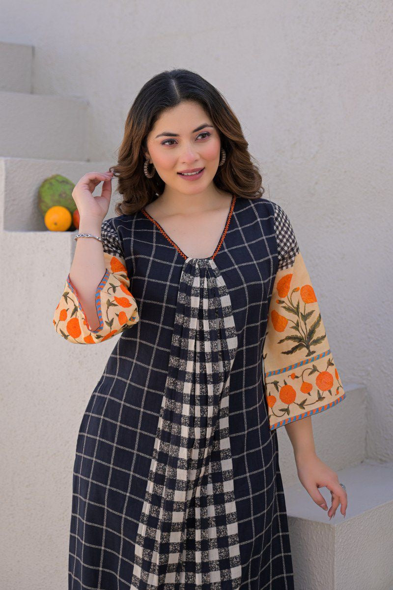 Ridah Black Mul Cotton Embroidered A-line Kurta Set