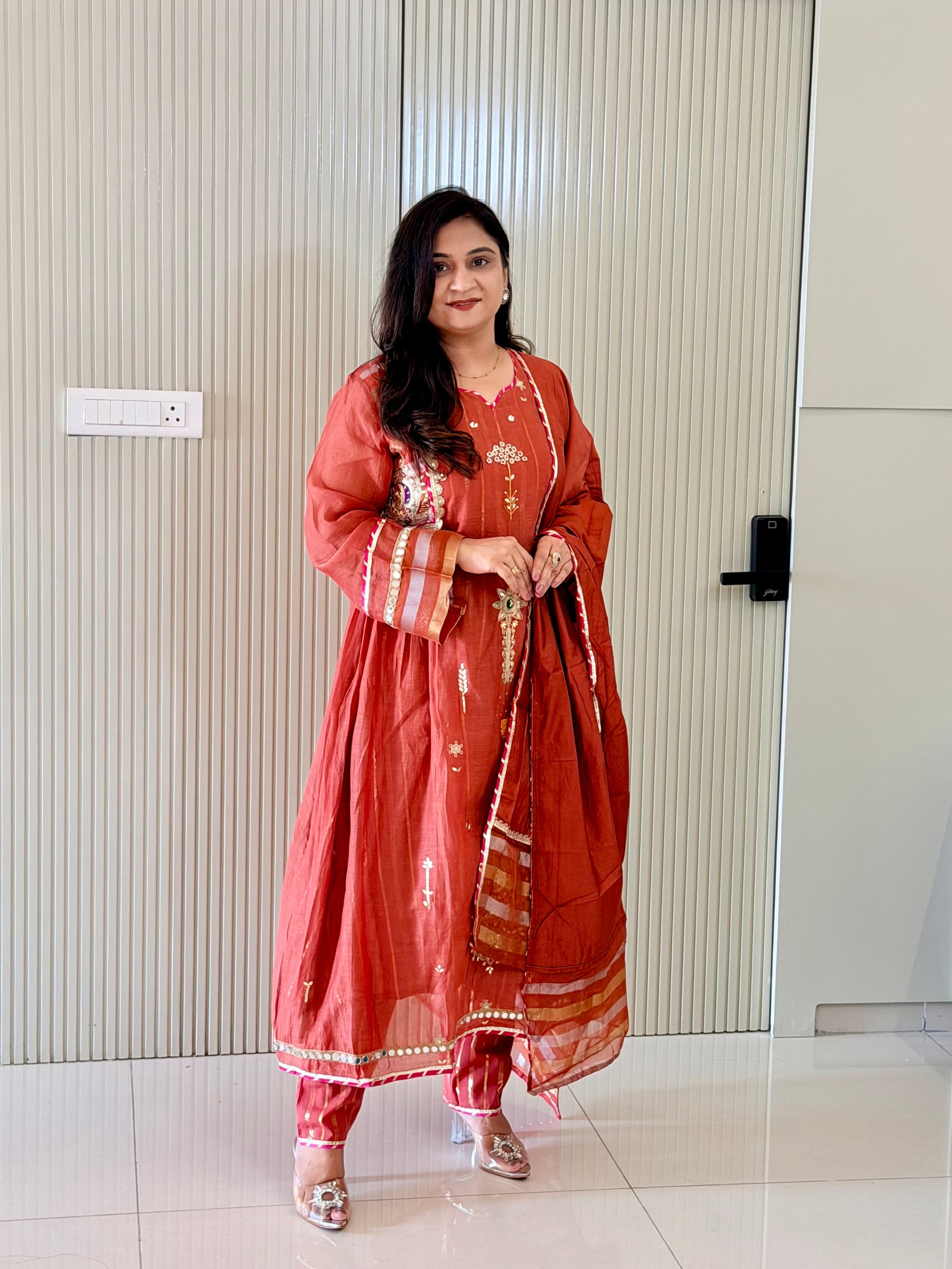 Muskaan Rust Mul Chanderi HandEmbroidered A-line Dupatta Set
