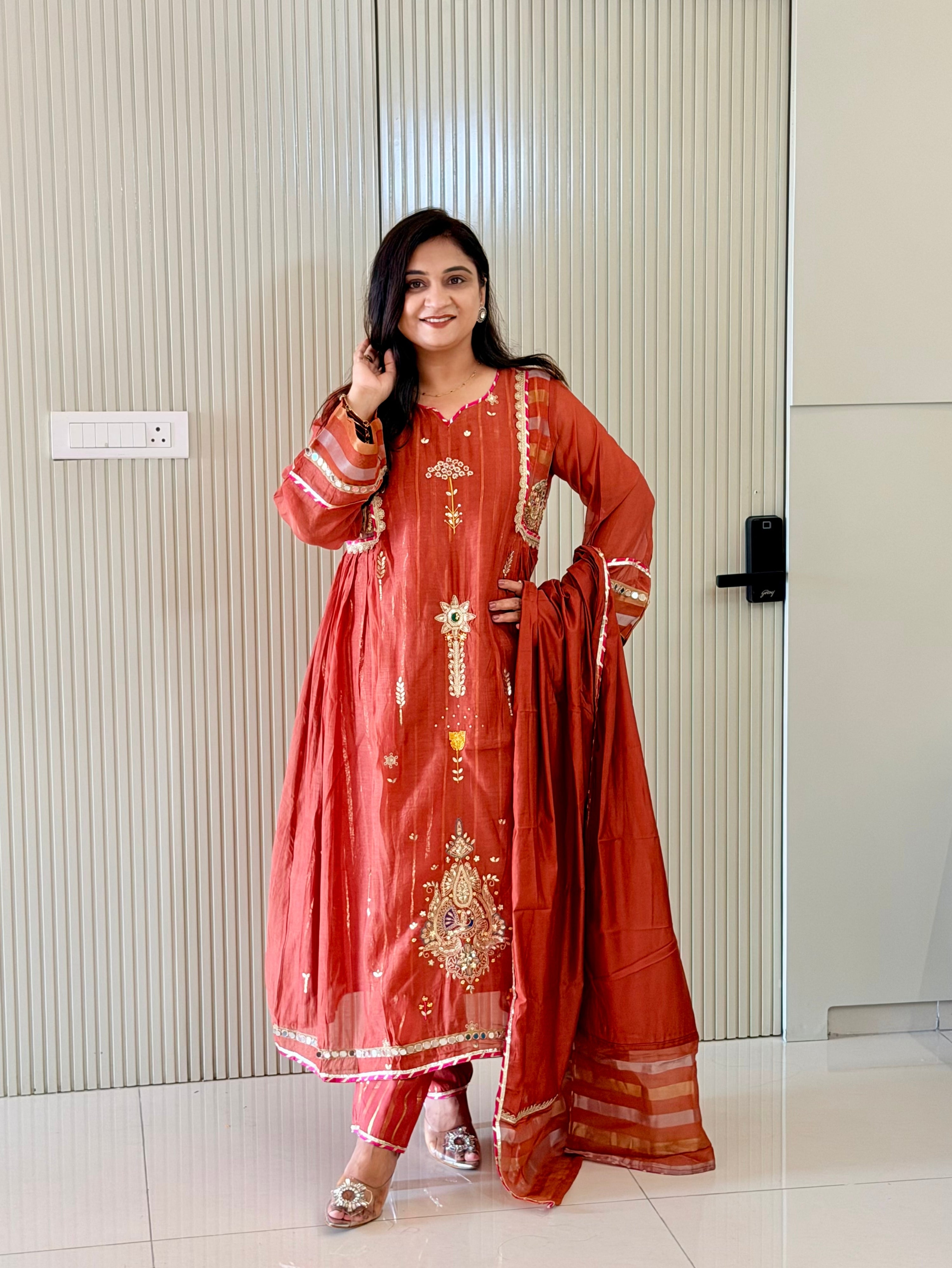 Muskaan Rust Mul Chanderi HandEmbroidered A-line Dupatta Set