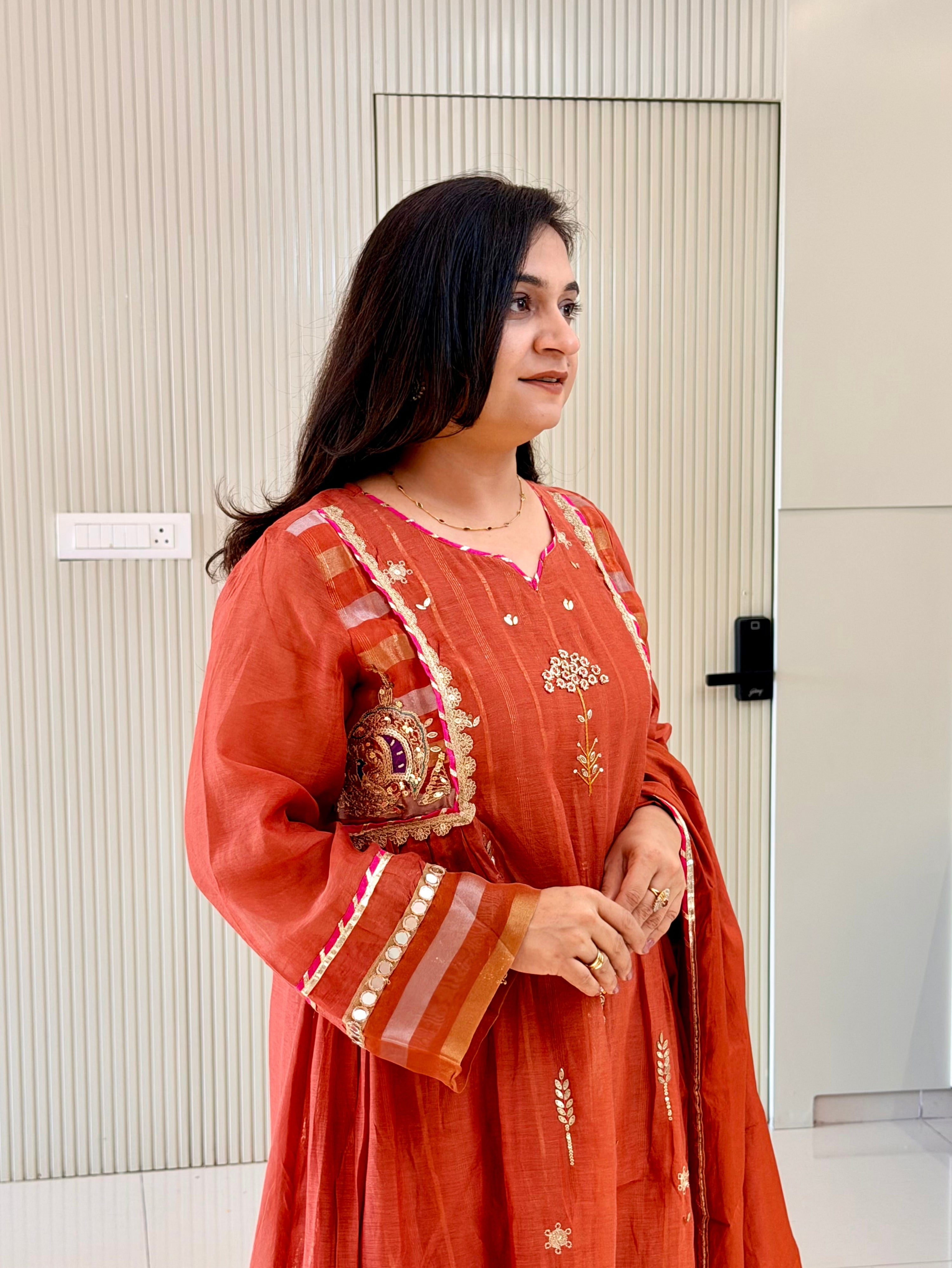 Muskaan Rust Mul Chanderi HandEmbroidered A-line Dupatta Set