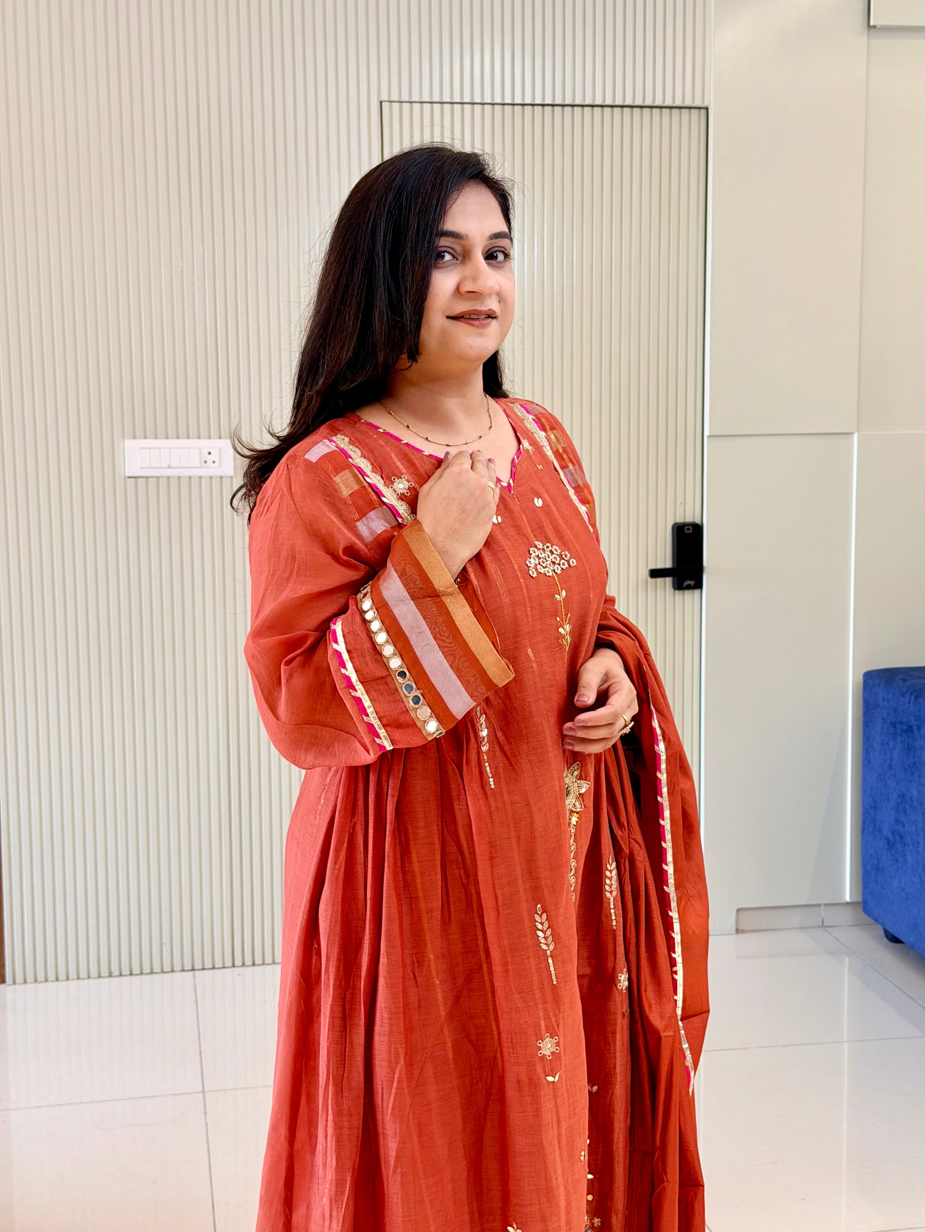 Muskaan Rust Mul Chanderi HandEmbroidered A-line Dupatta Set