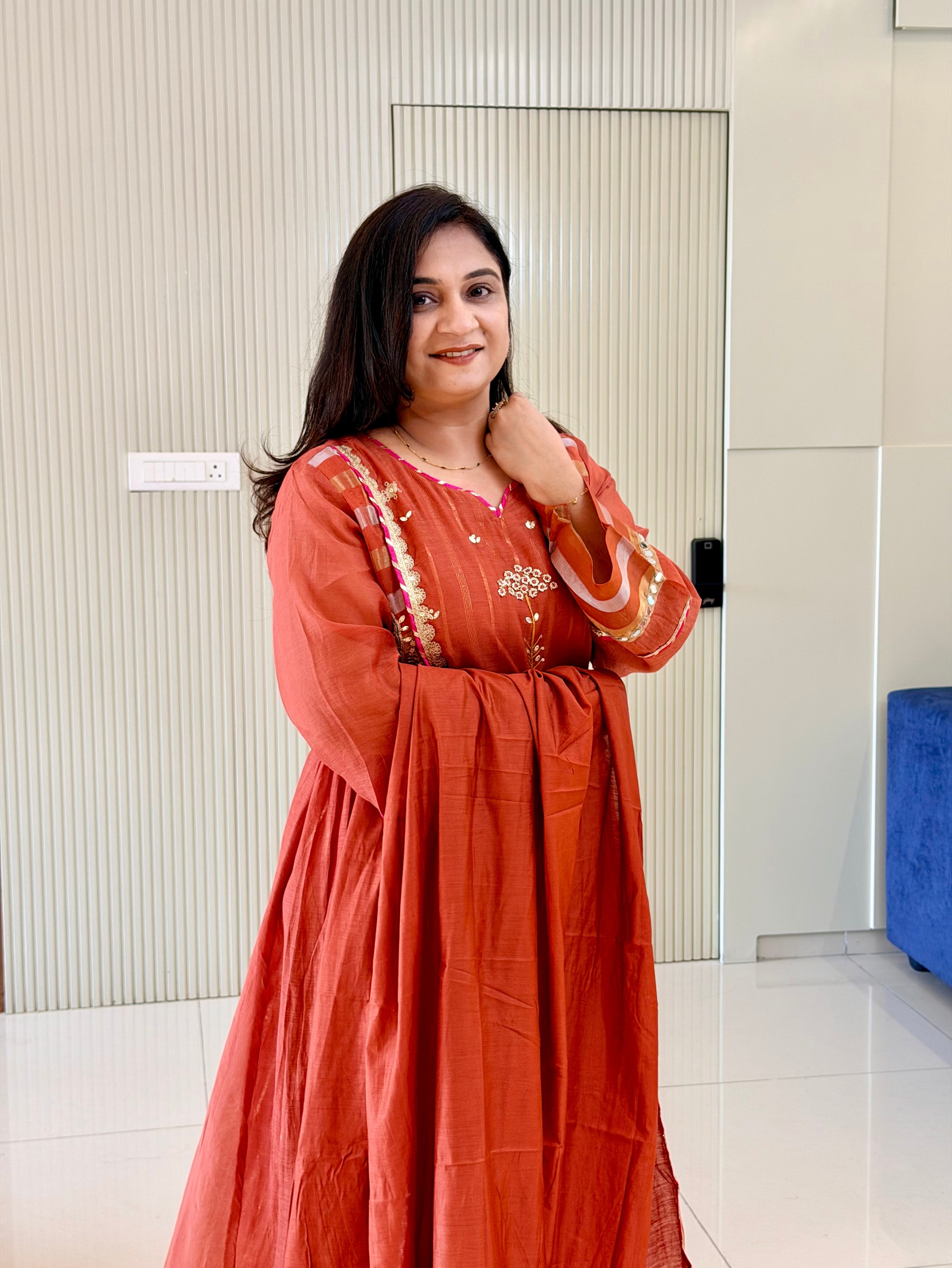 Muskaan Rust Mul Chanderi HandEmbroidered A-line Dupatta Set