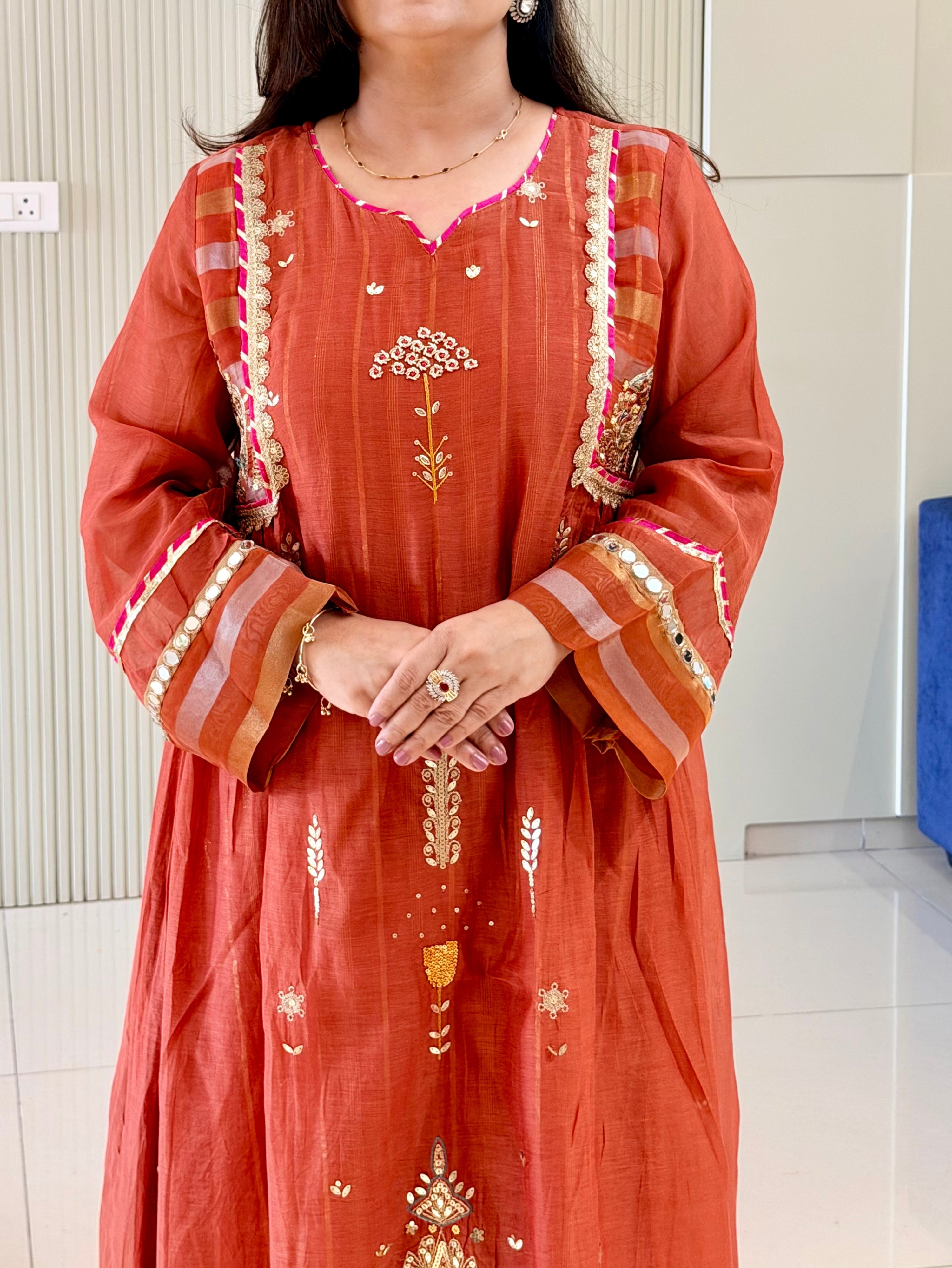Muskaan Rust Mul Chanderi HandEmbroidered A-line Dupatta Set