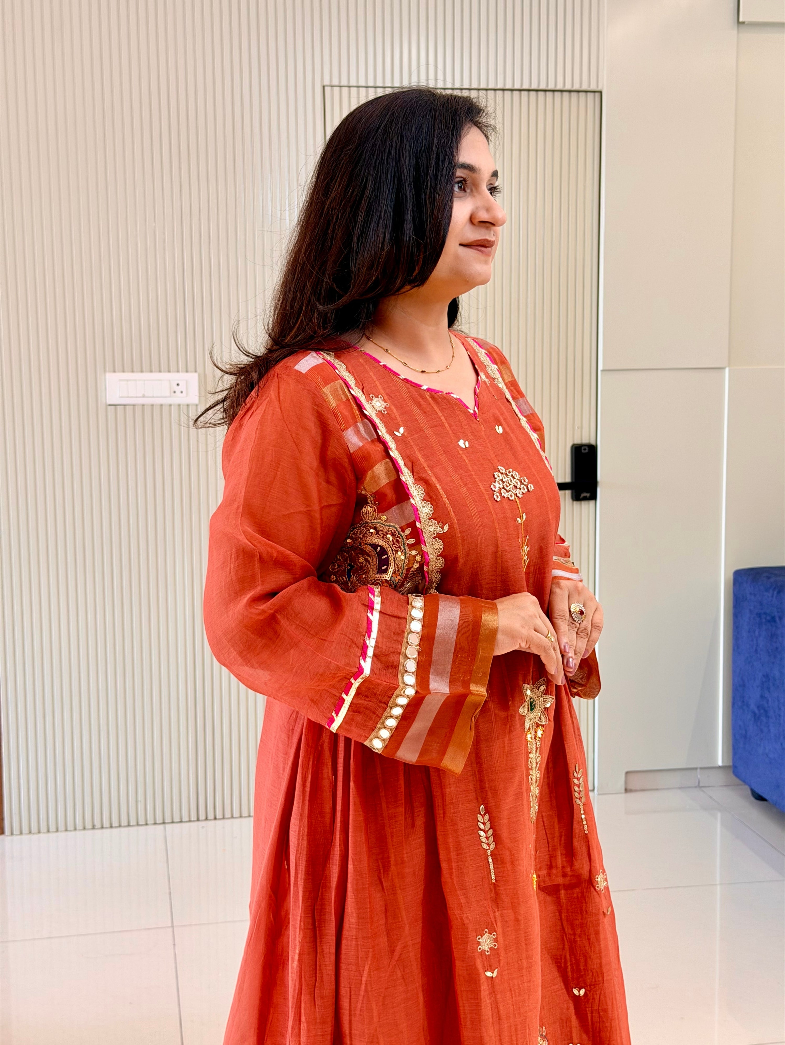 Muskaan Rust Mul Chanderi HandEmbroidered A-line Dupatta Set