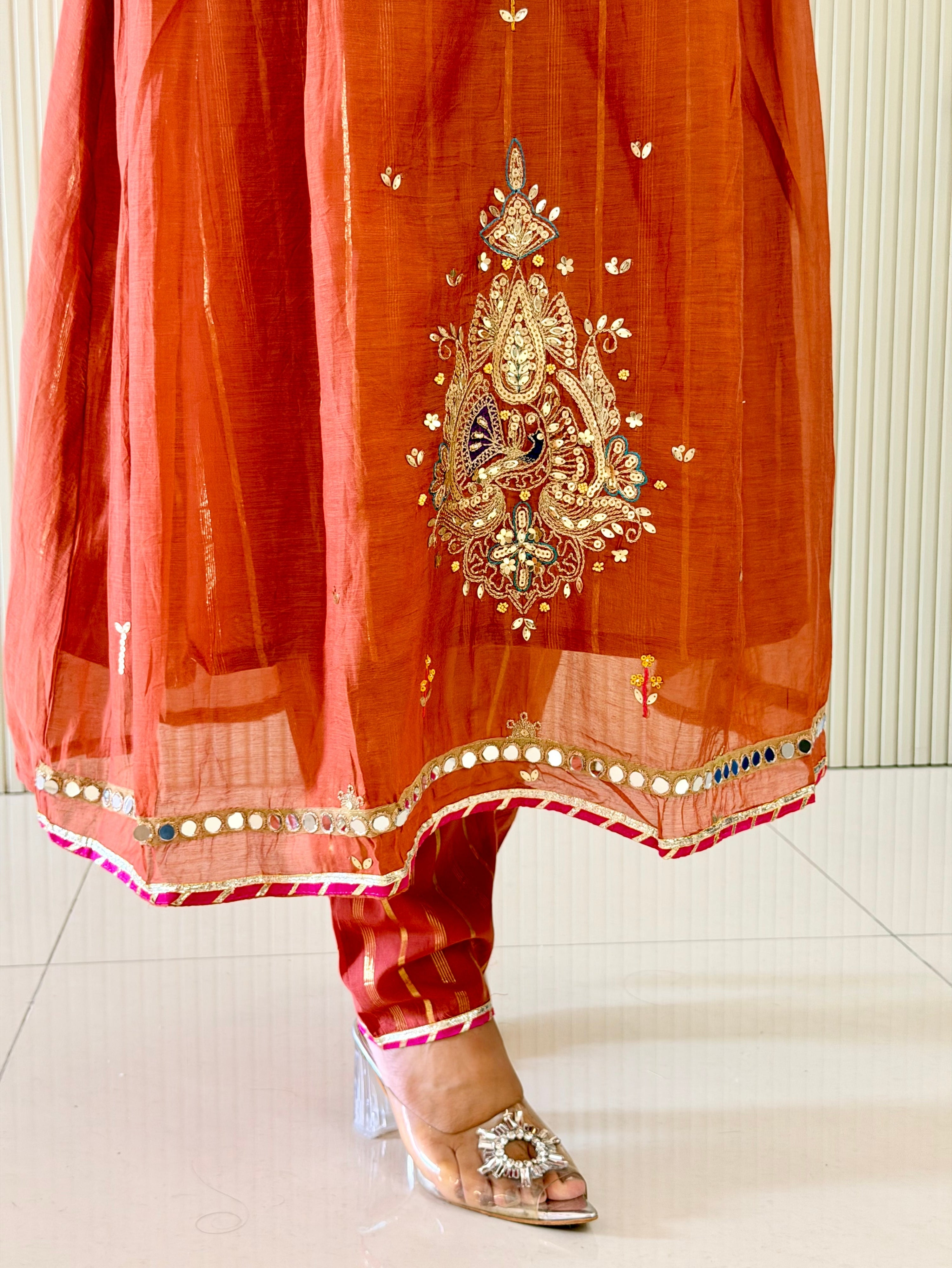 Muskaan Rust Mul Chanderi HandEmbroidered A-line Dupatta Set