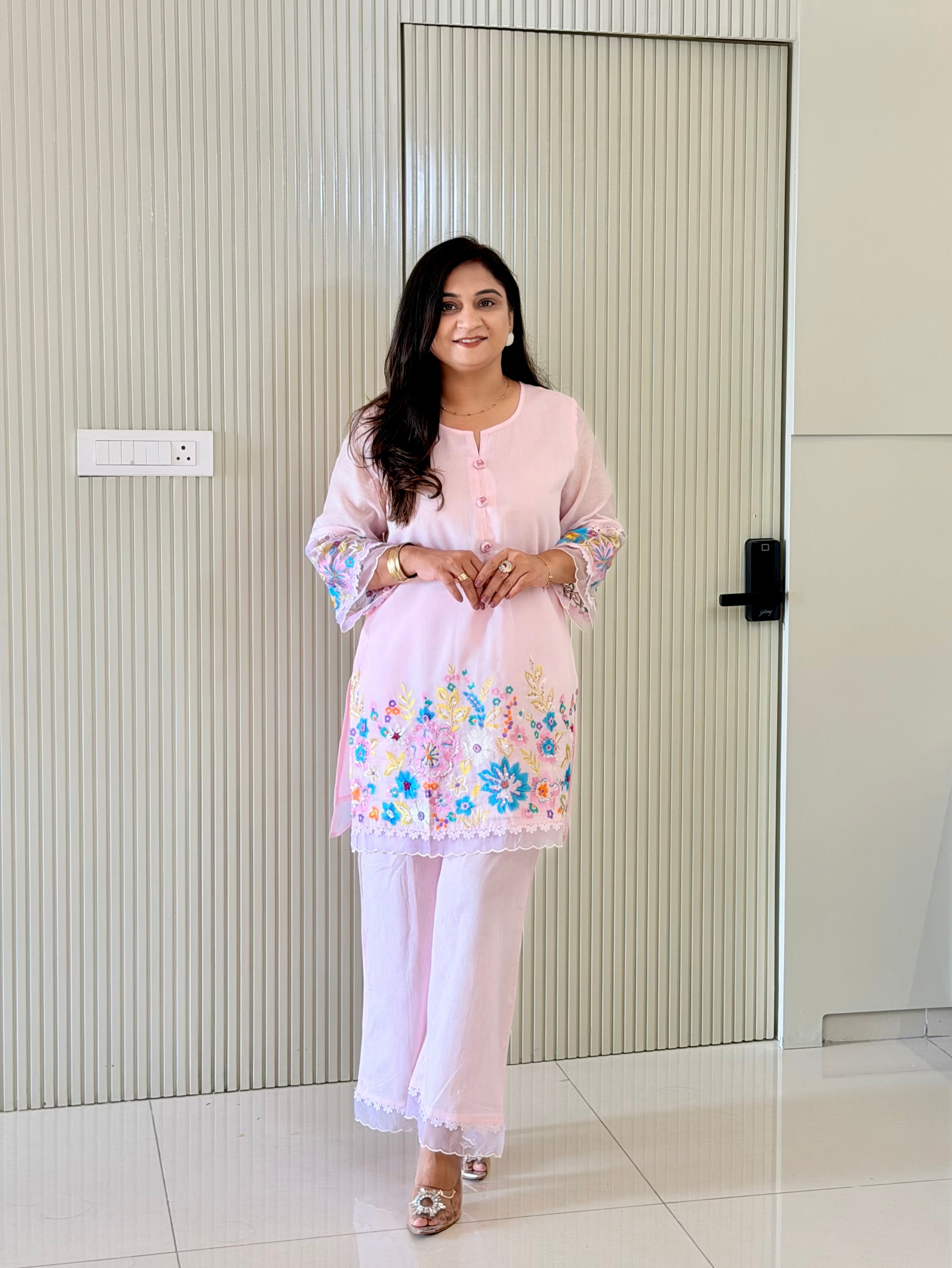 Rusha Pastel Pink Mul Cotton Embroidered Coord Set