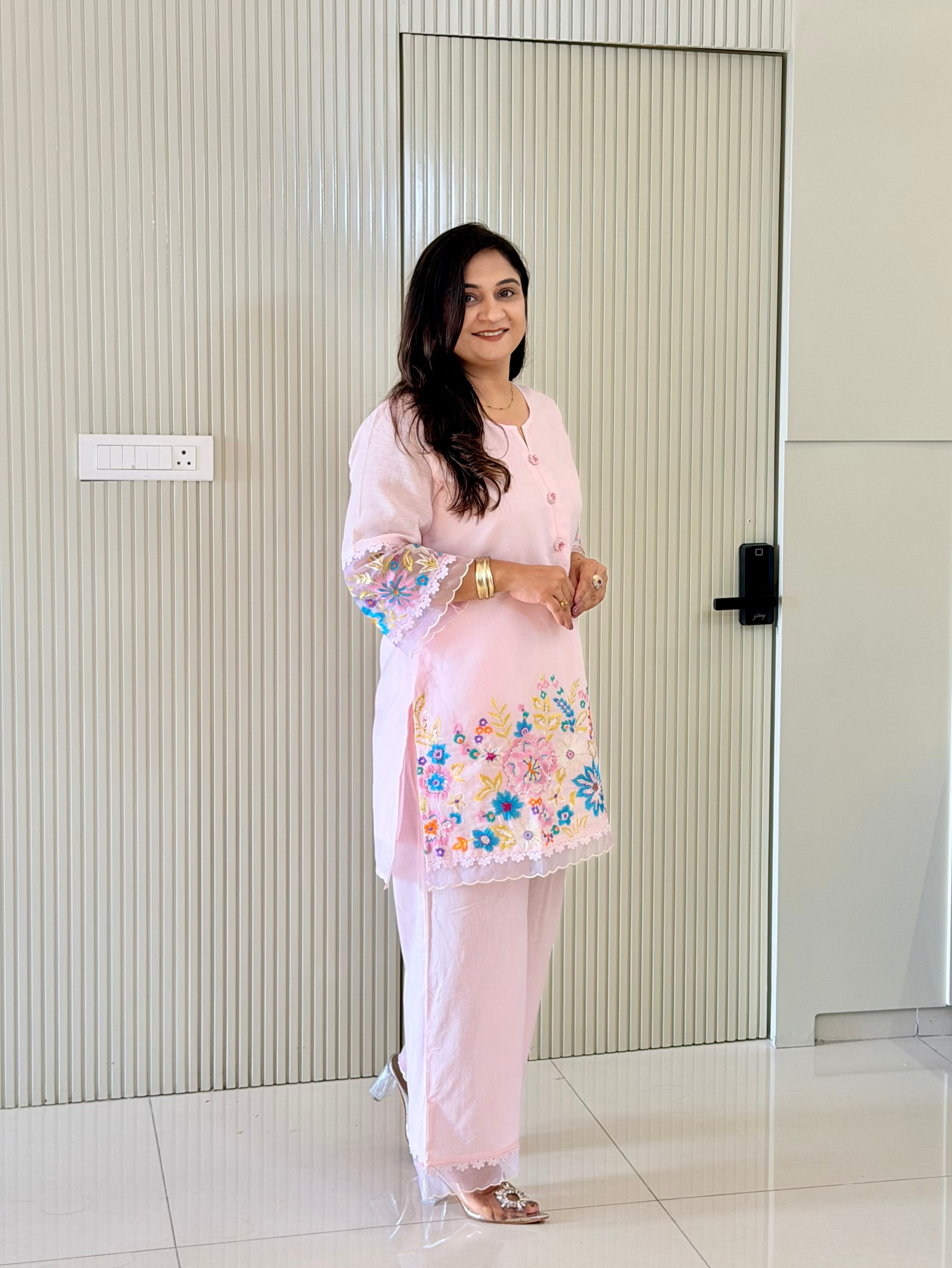Rusha Pastel Pink Mul Cotton Embroidered Coord Set