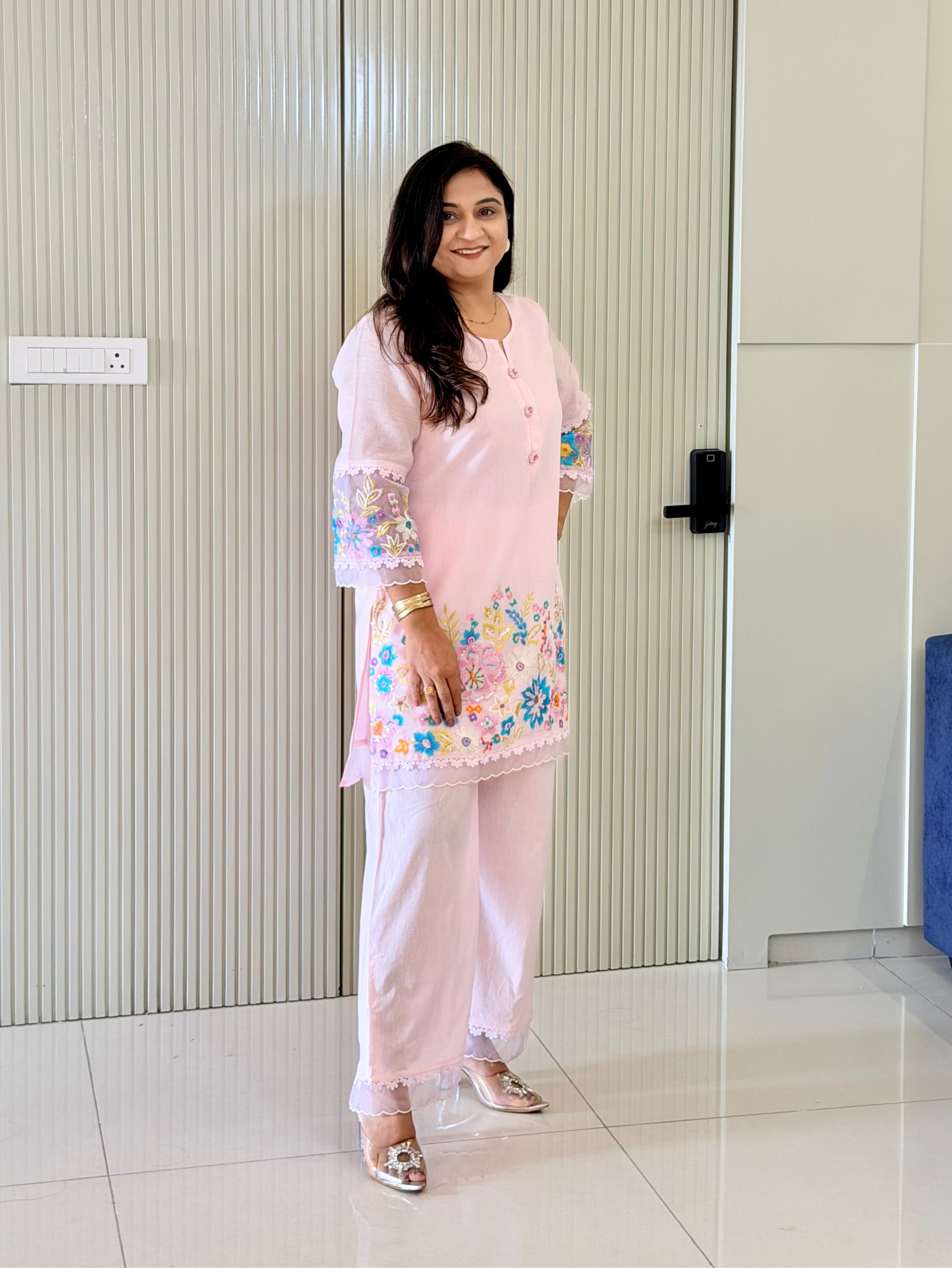 Rusha Pastel Pink Mul Cotton Embroidered Coord Set