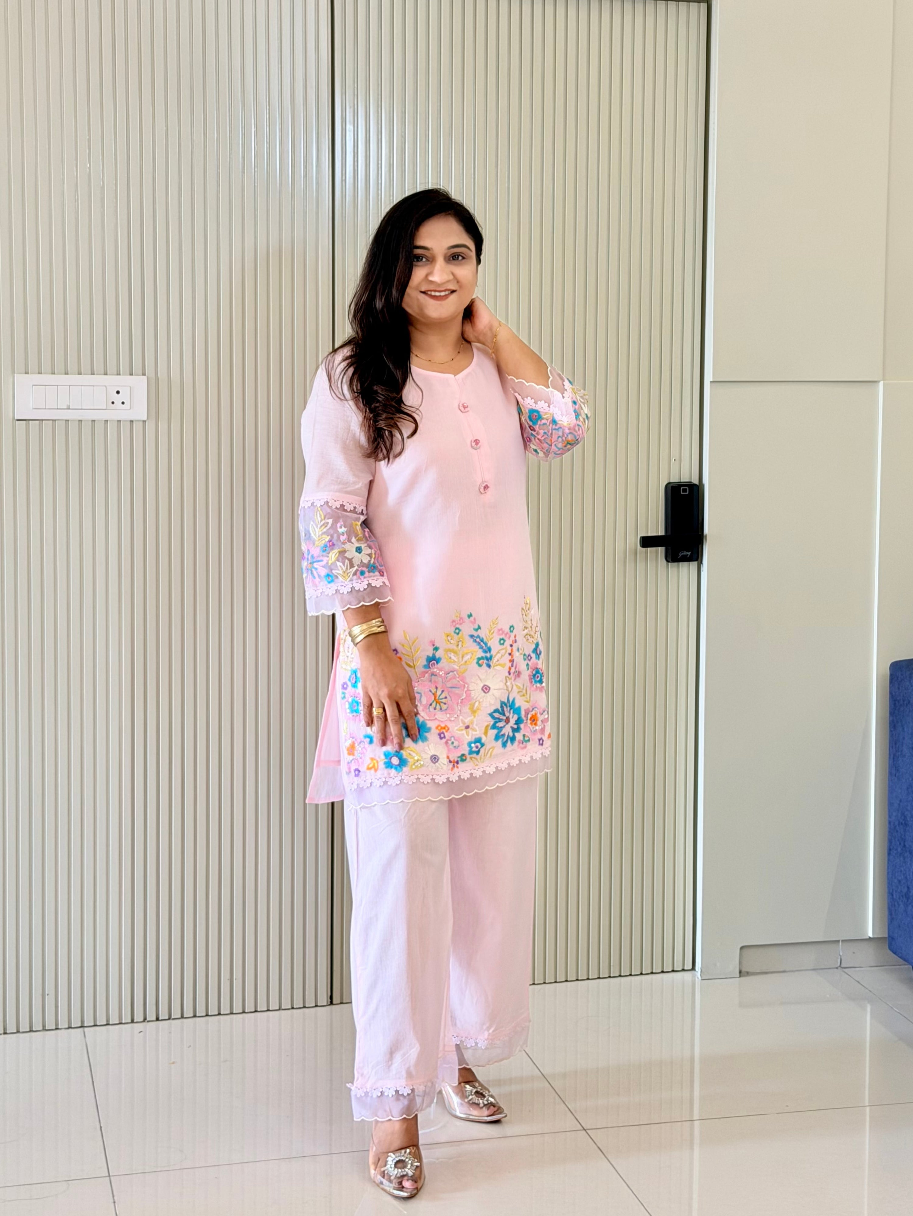 Rusha Pastel Pink Mul Cotton Embroidered Coord Set