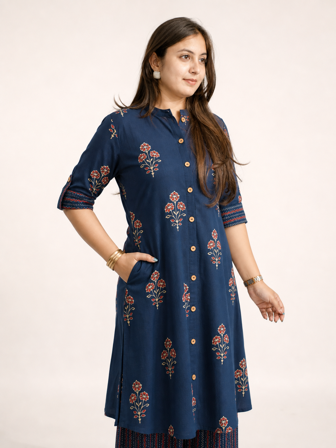 Liva Blue Floral A-line Cotton Kurta Set