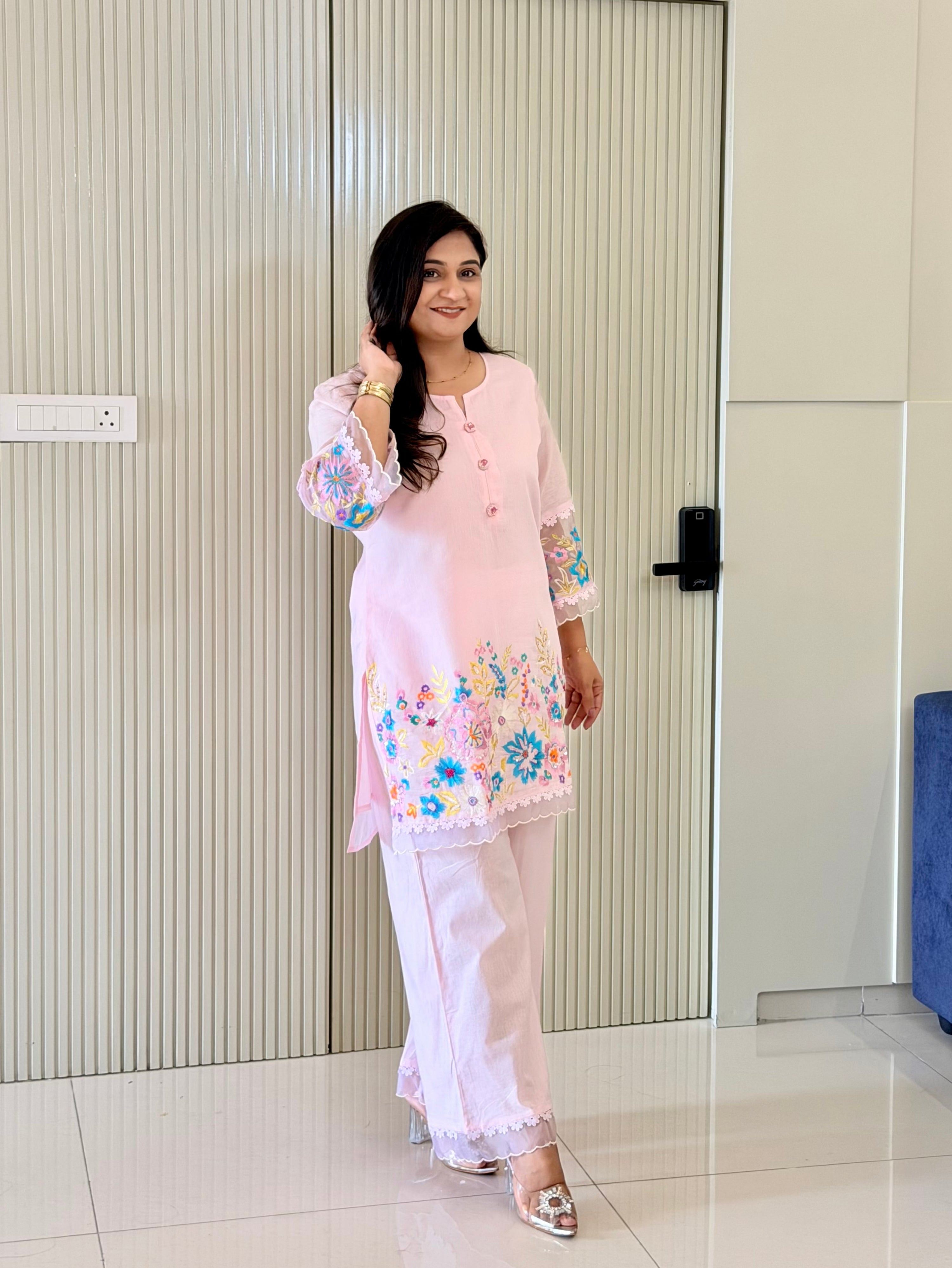 Rusha Pastel Pink Mul Cotton Embroidered Coord Set