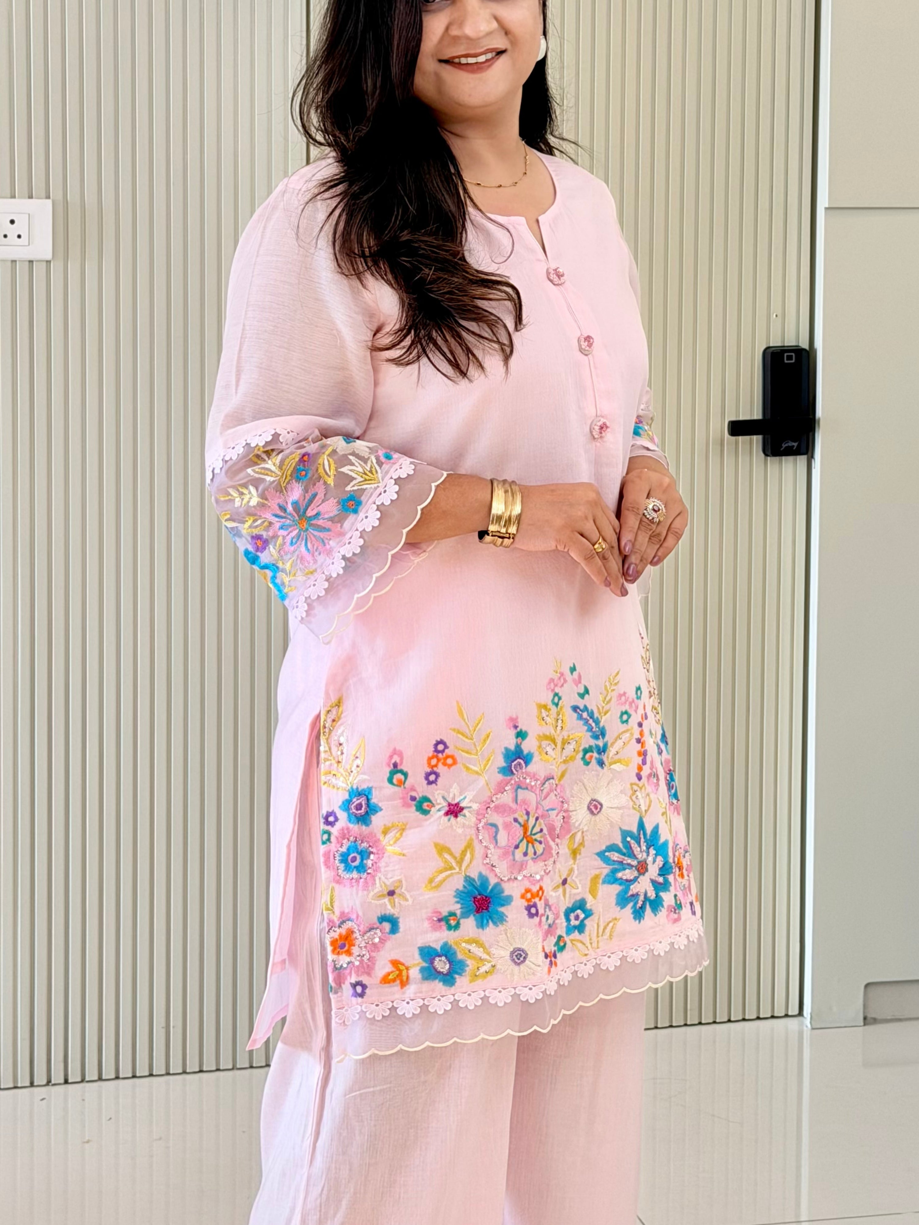 Rusha Pastel Pink Mul Cotton Embroidered Coord Set