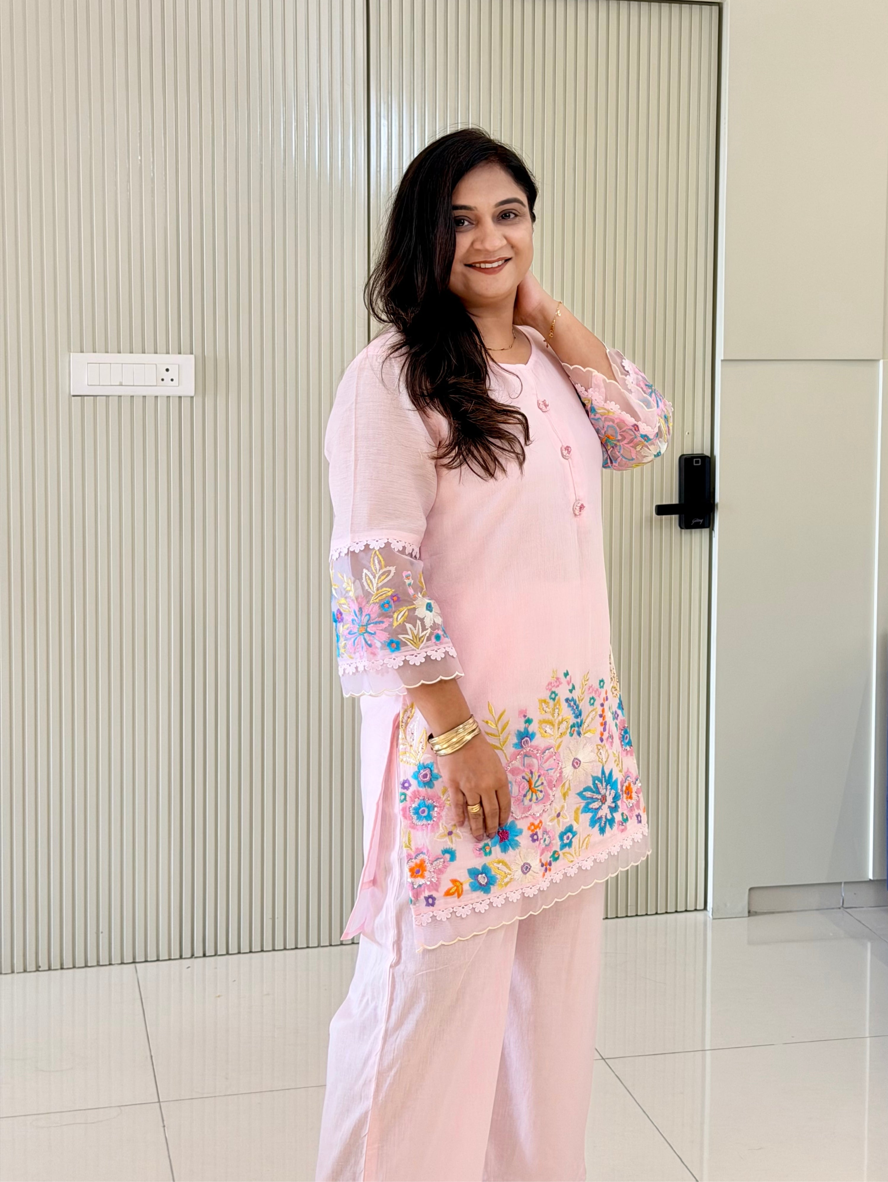 Rusha Pastel Pink Mul Cotton Embroidered Coord Set
