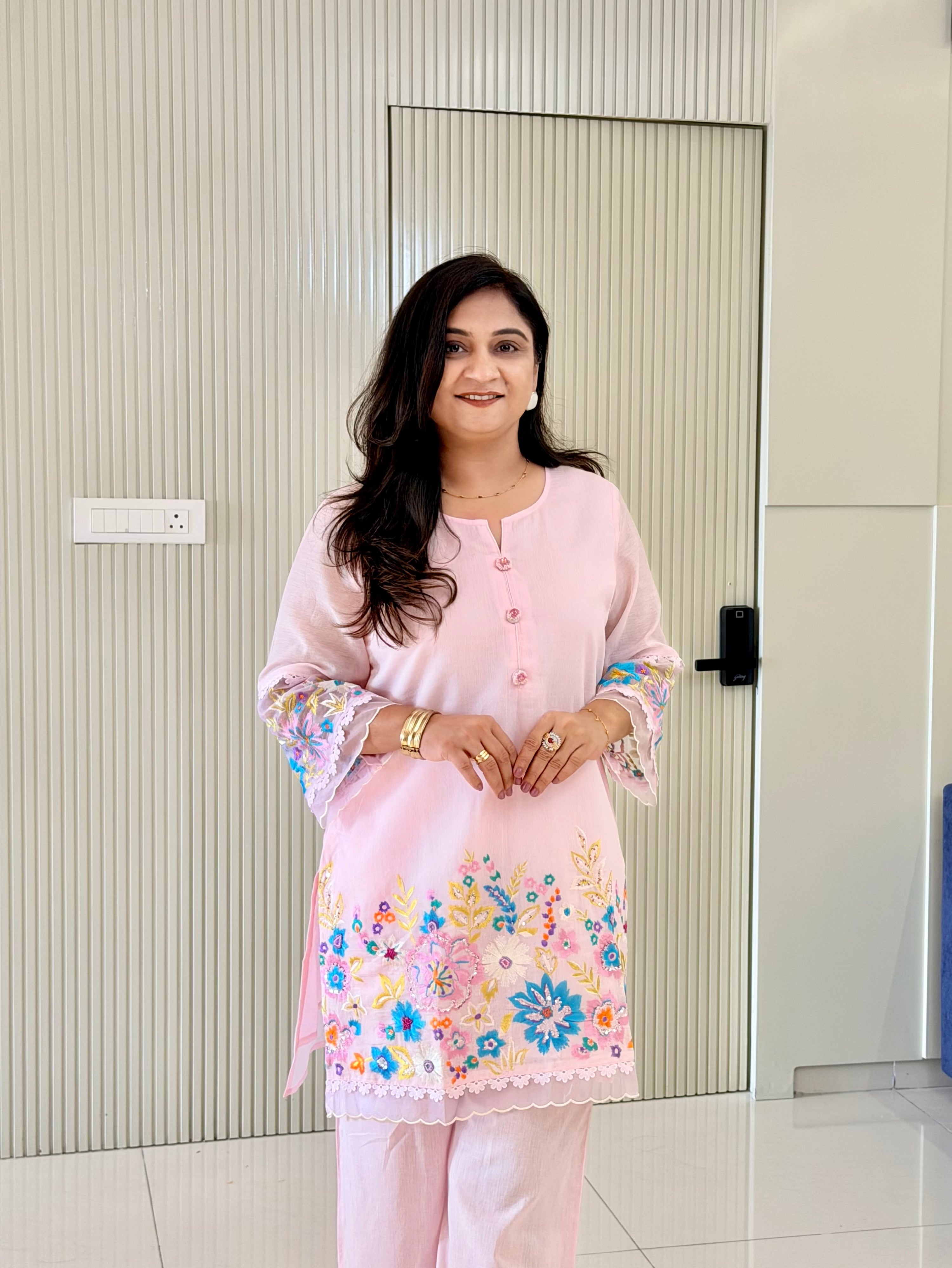 Rusha Pastel Pink Mul Cotton Embroidered Coord Set