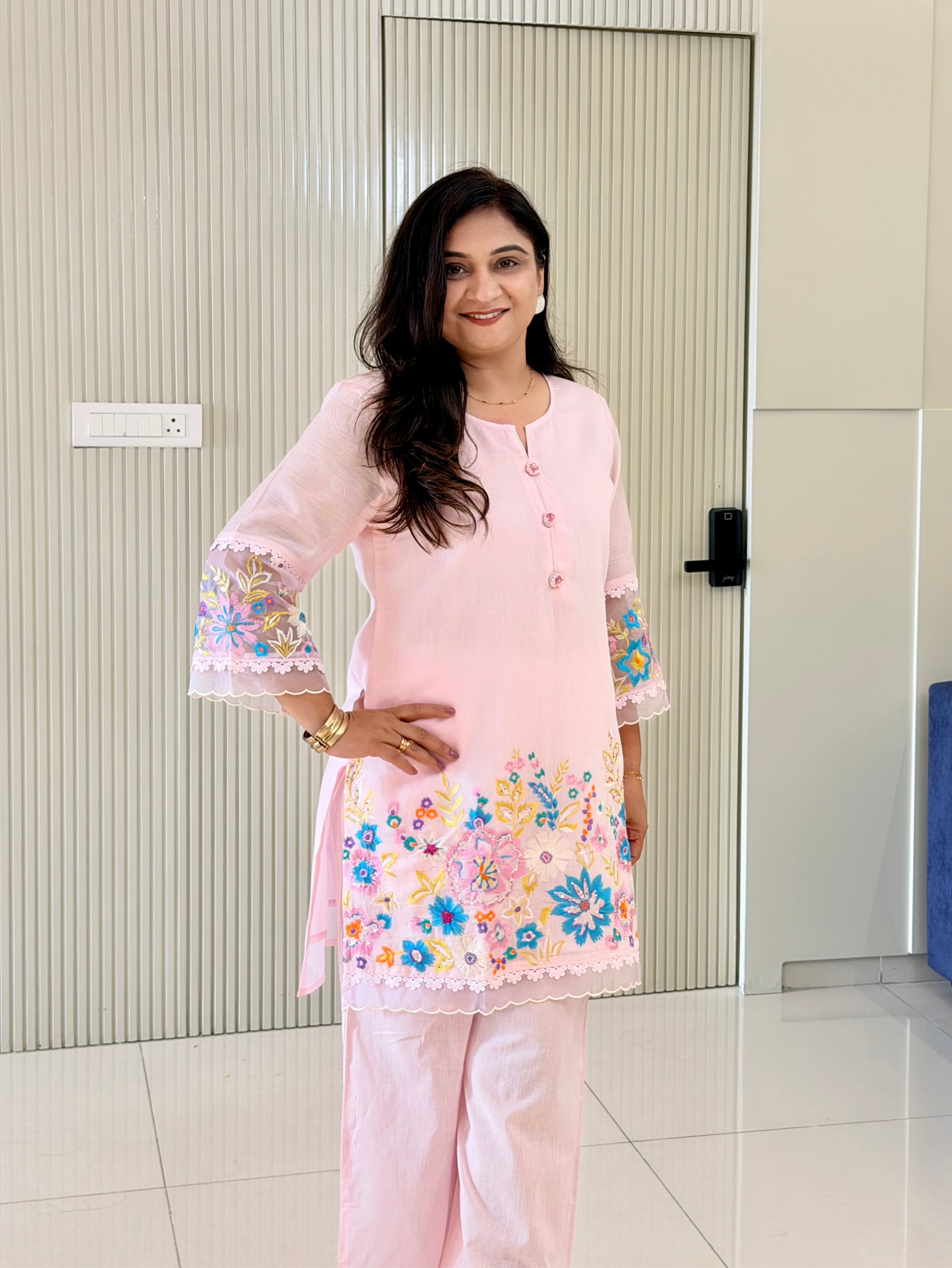 Rusha Pastel Pink Mul Cotton Embroidered Coord Set