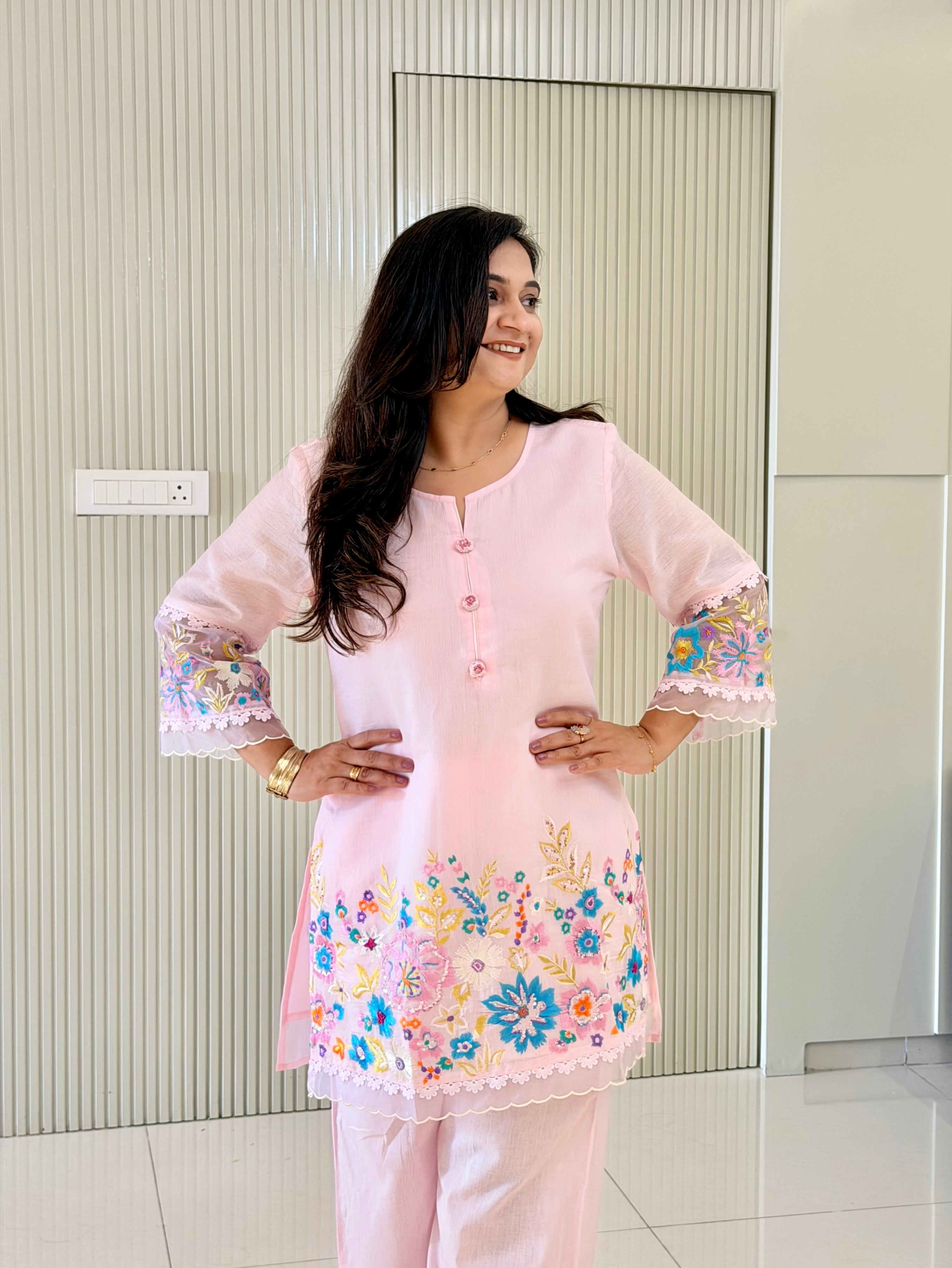 Rusha Pastel Pink Mul Cotton Embroidered Coord Set