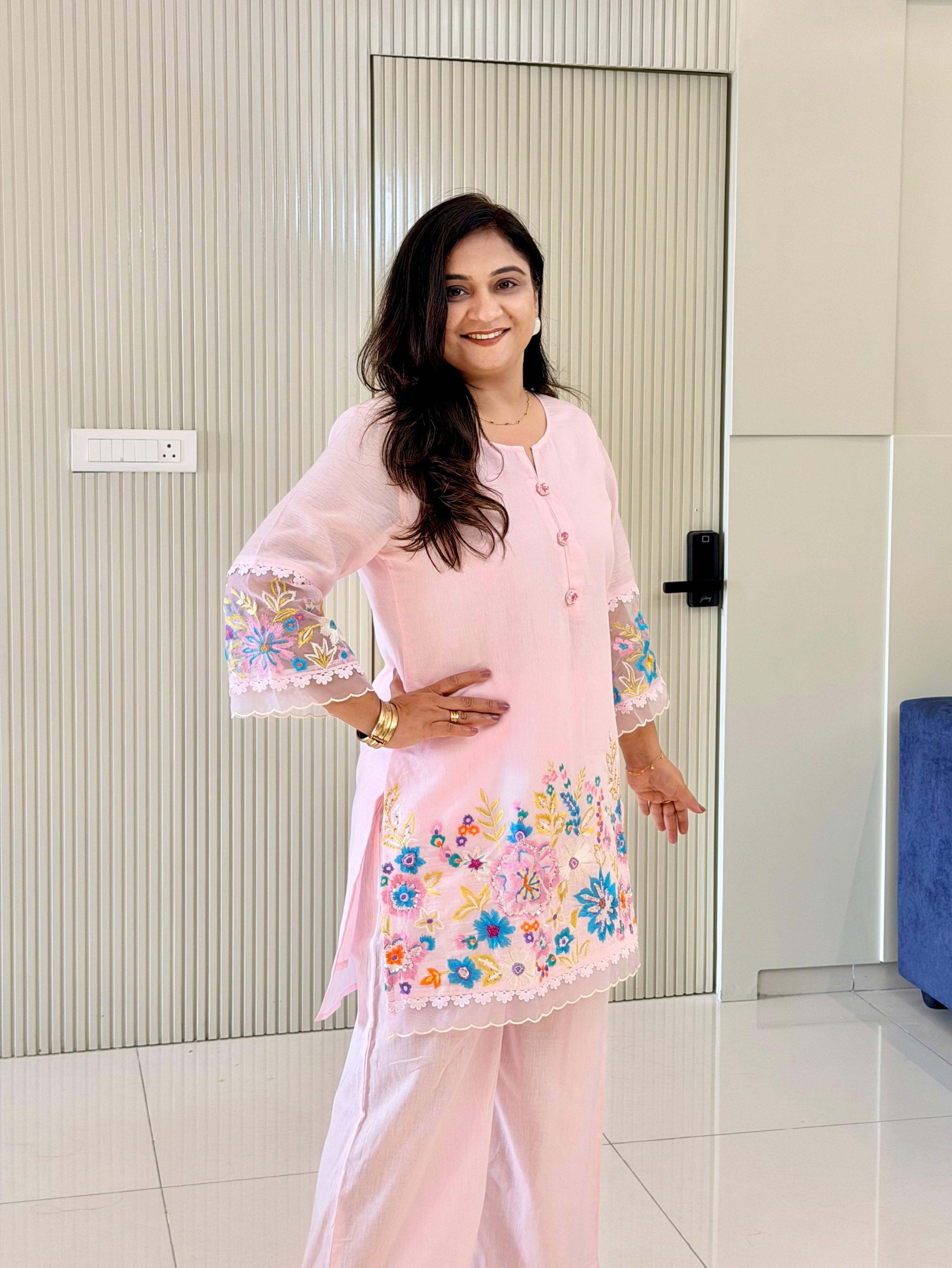 Rusha Pastel Pink Mul Cotton Embroidered Coord Set