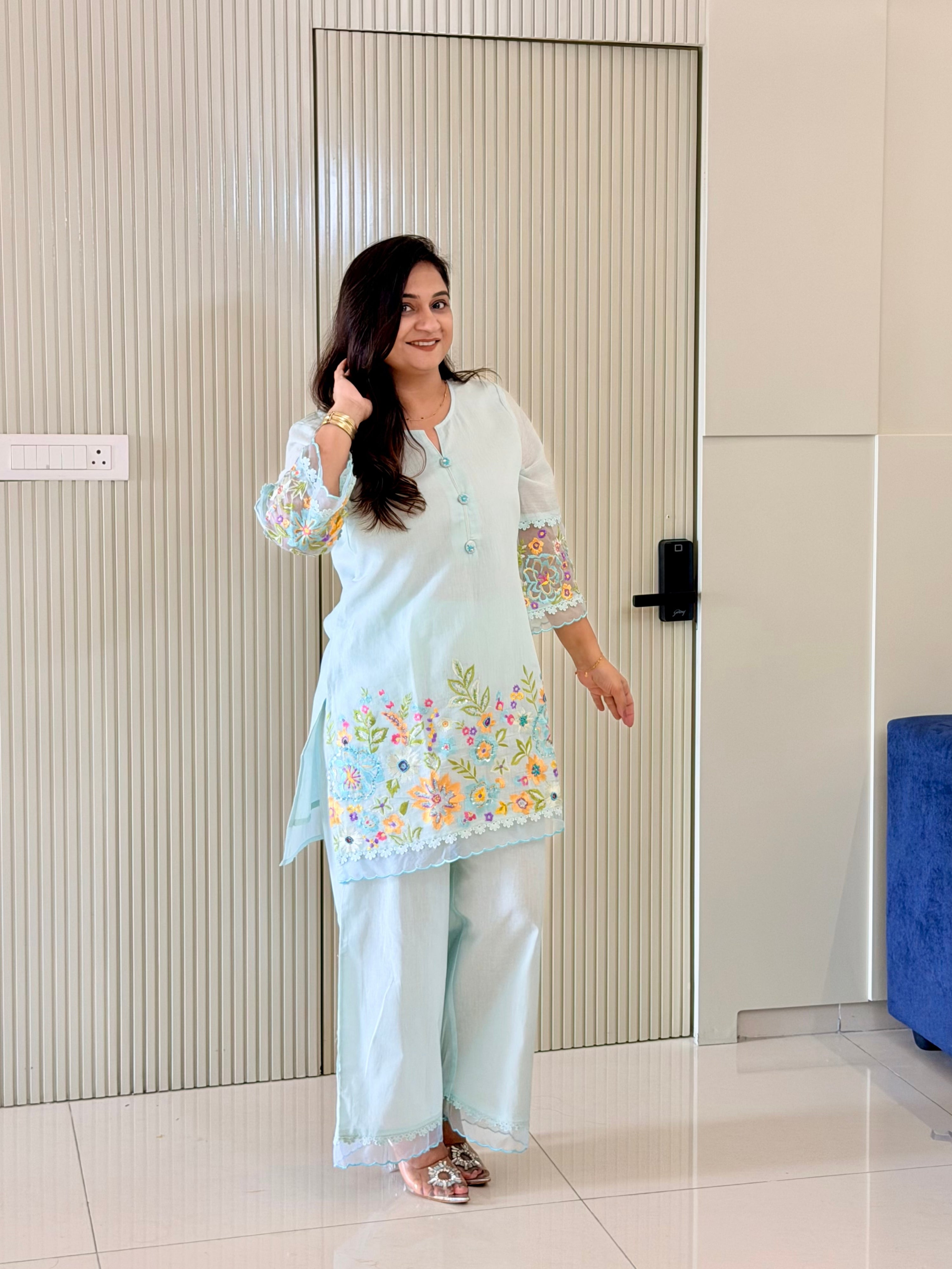 Rusha Pastel Blue Mul Cotton Embroidered Coord Set