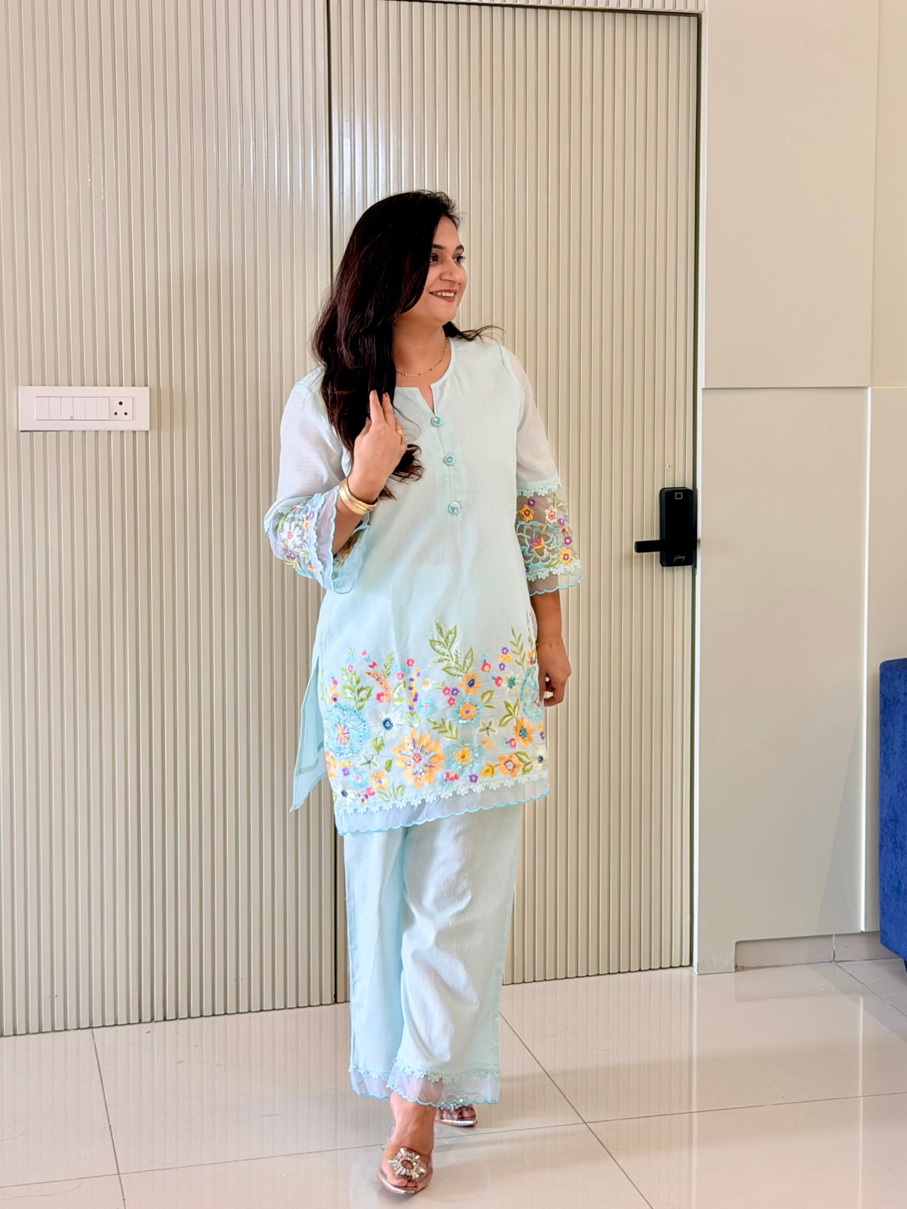 Rusha Pastel Blue Mul Cotton Embroidered Coord Set