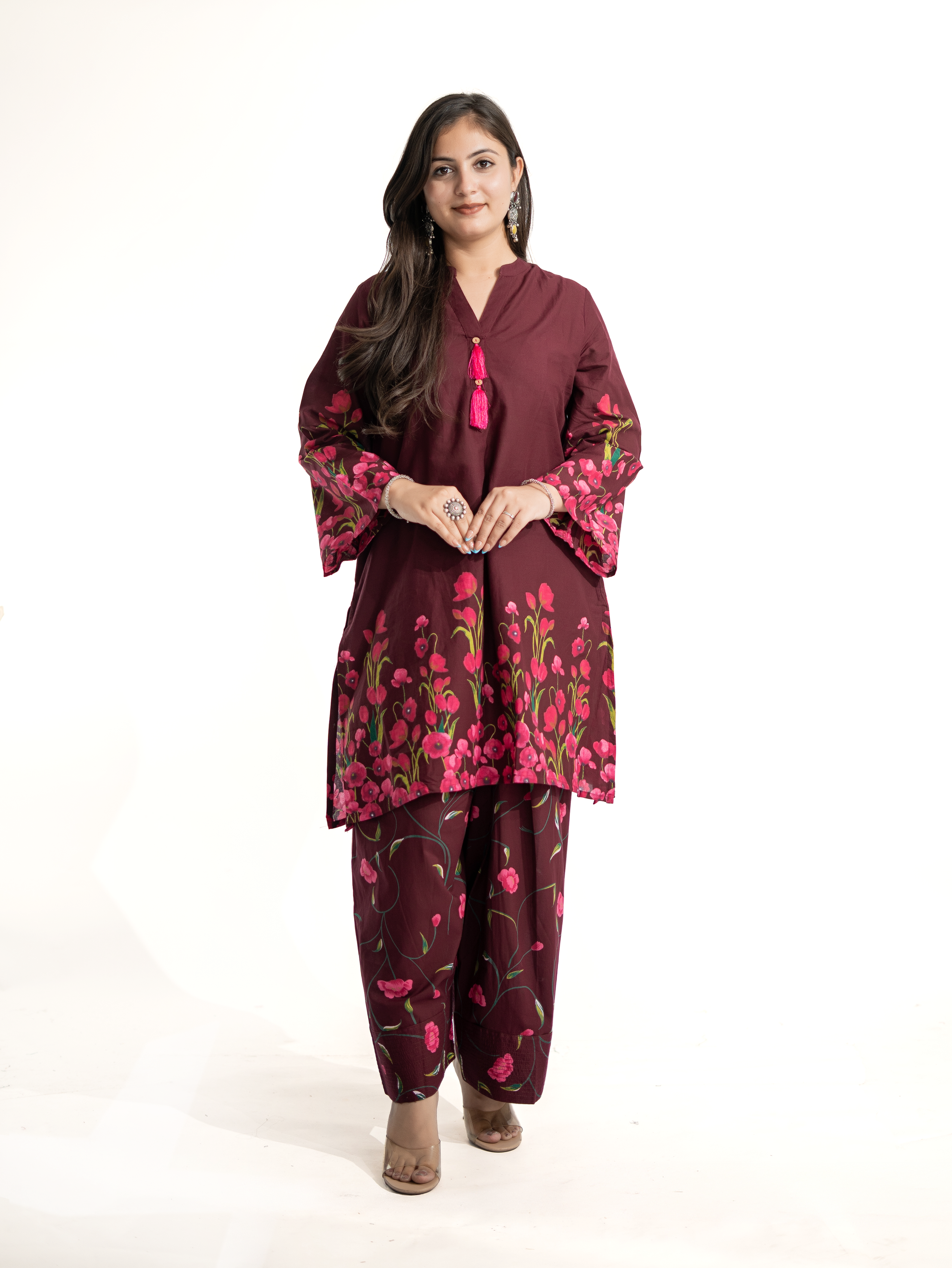 Gulnaar Wine Cotton Floral A-line Farshi Set