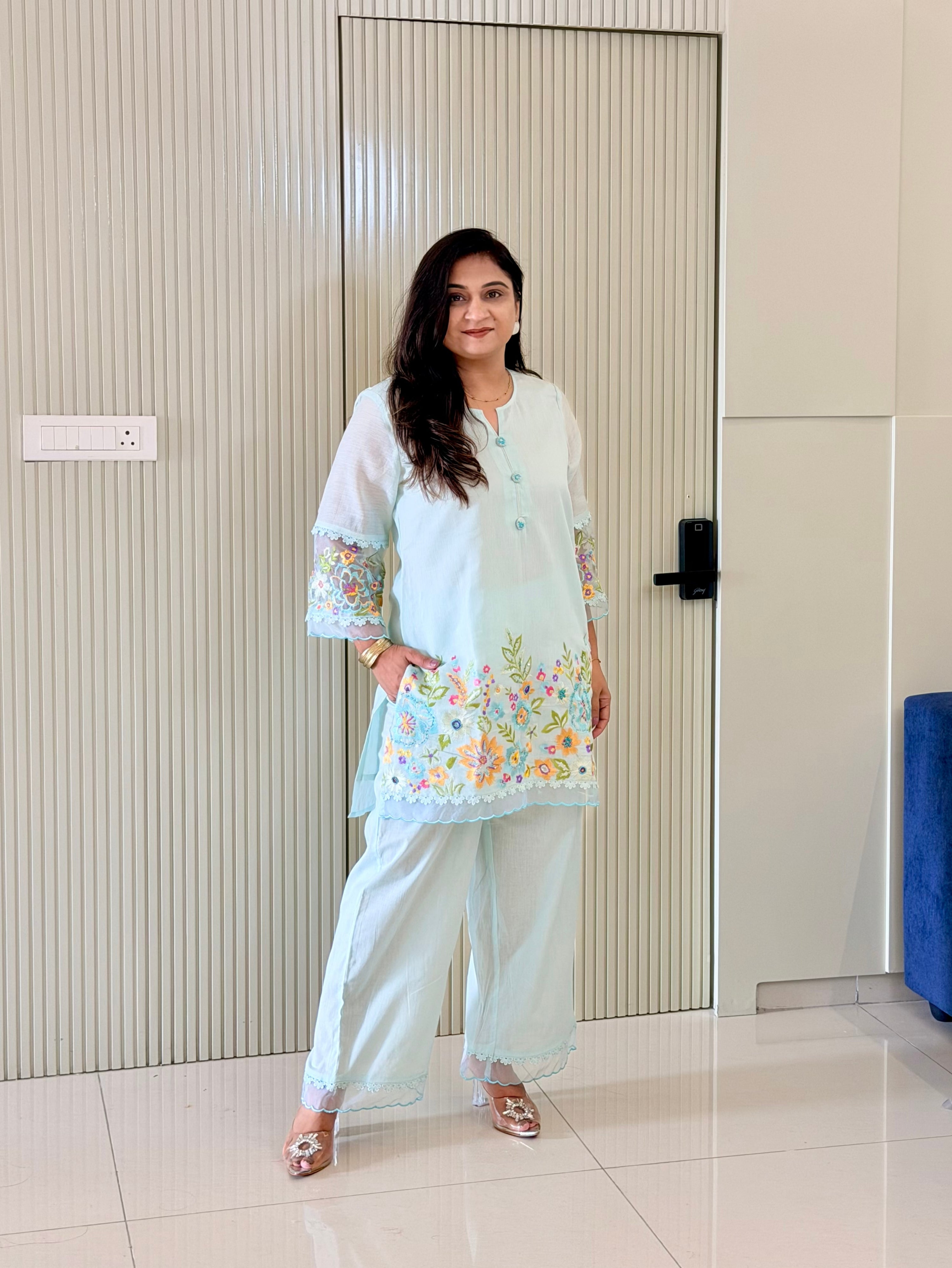 Rusha Pastel Blue Mul Cotton Embroidered Coord Set