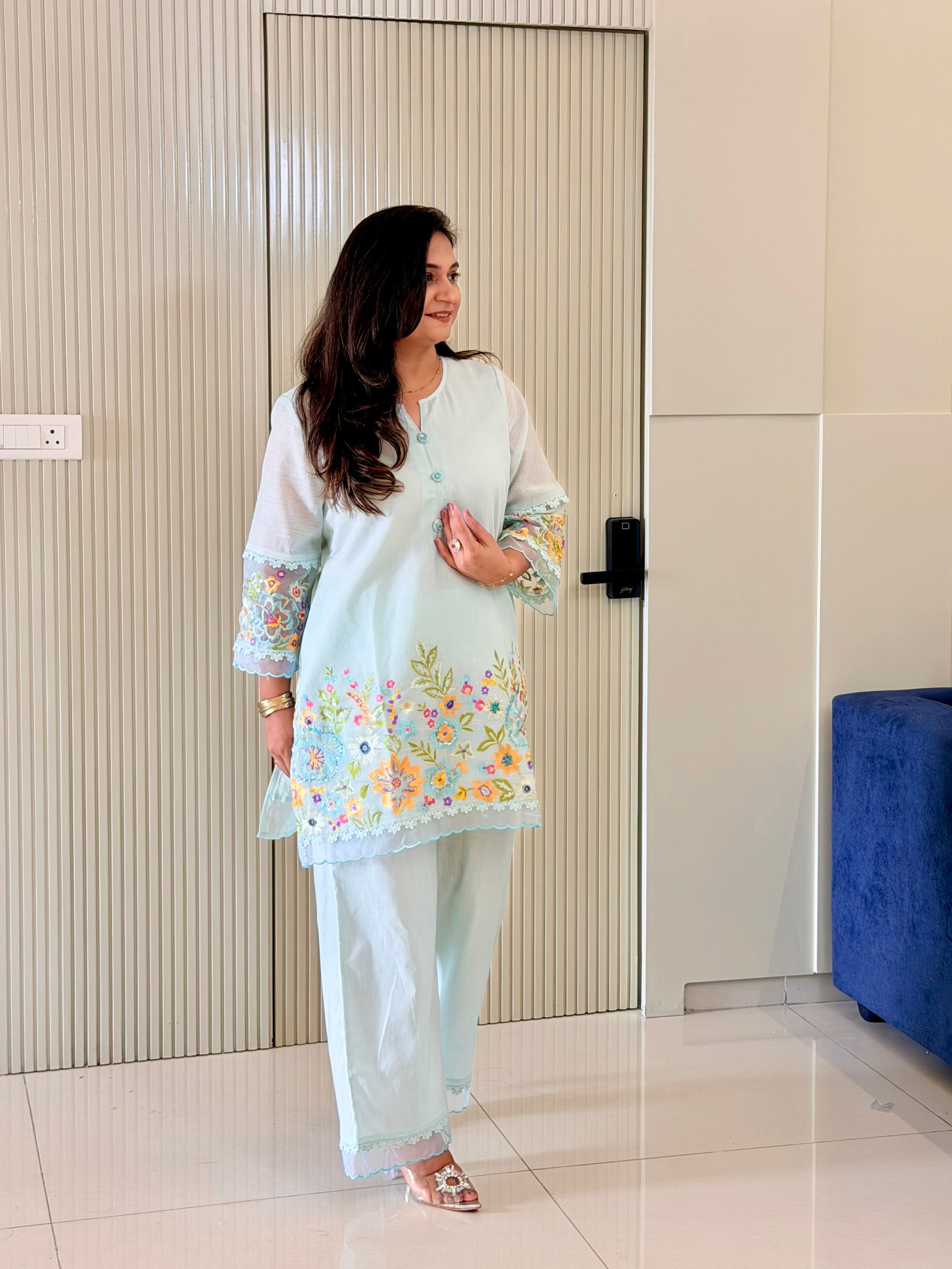 Rusha Pastel Blue Mul Cotton Embroidered Coord Set