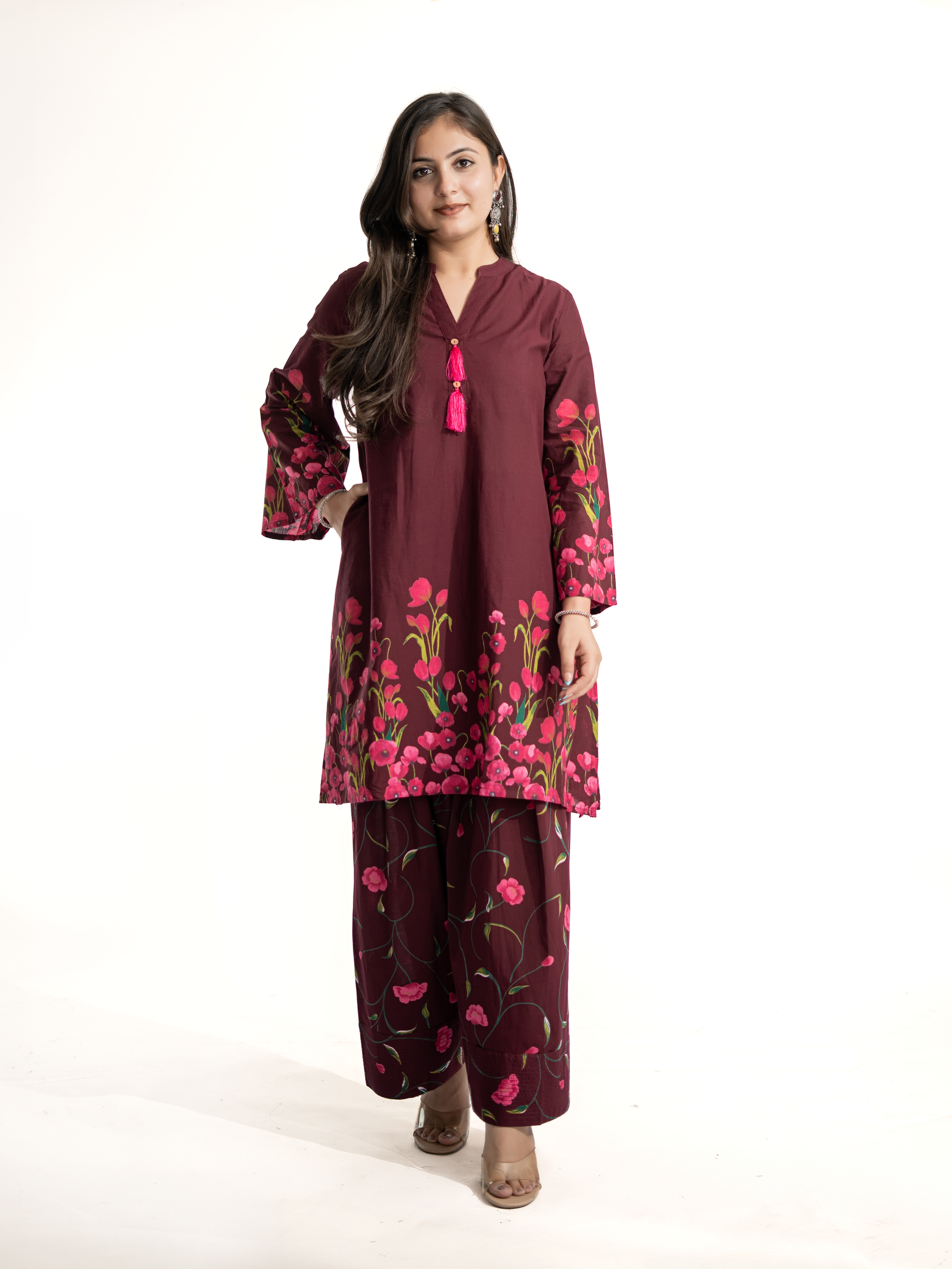 Gulnaar Wine Cotton Floral A-line Farshi Set
