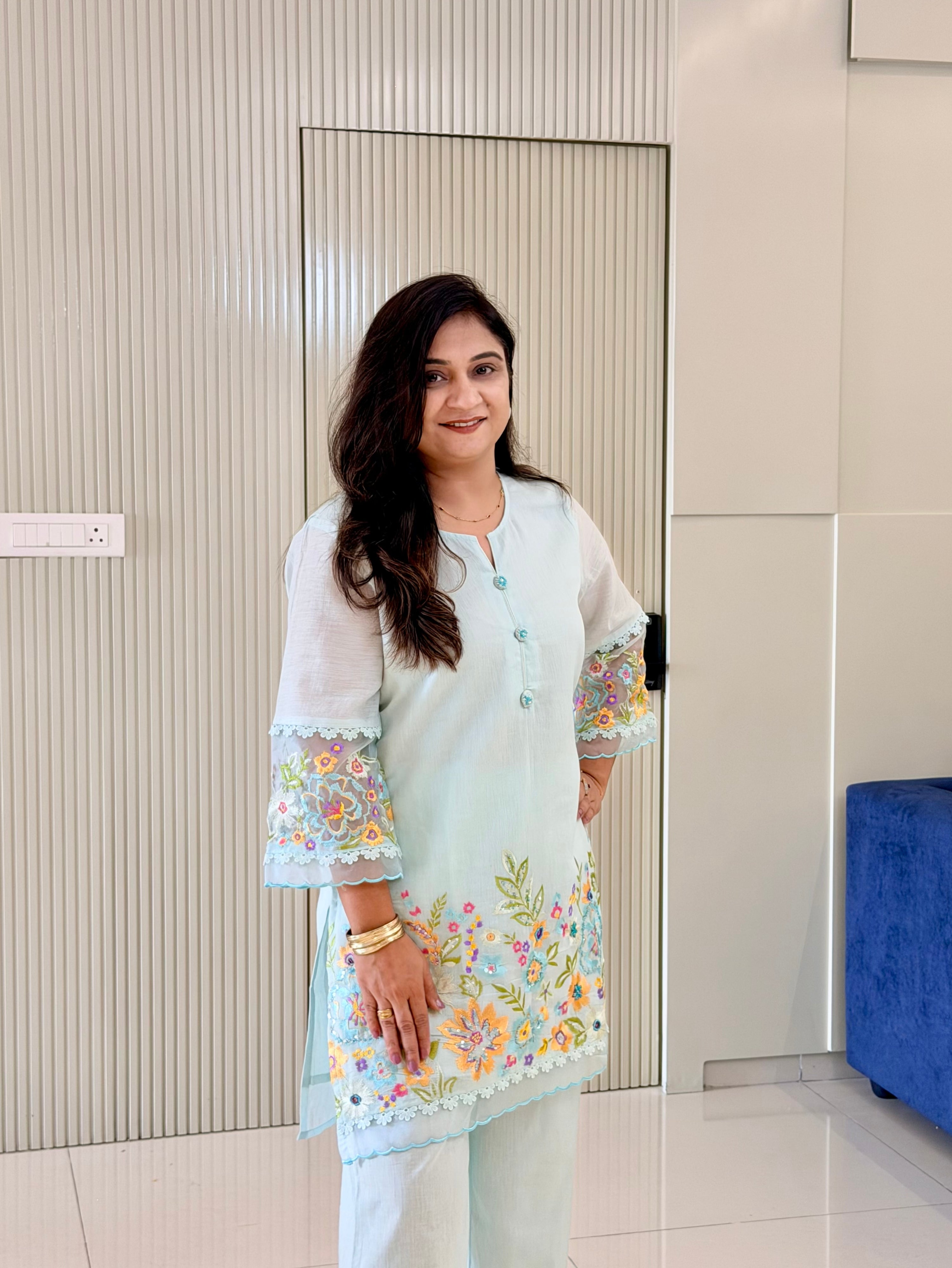 Rusha Pastel Blue Mul Cotton Embroidered Coord Set