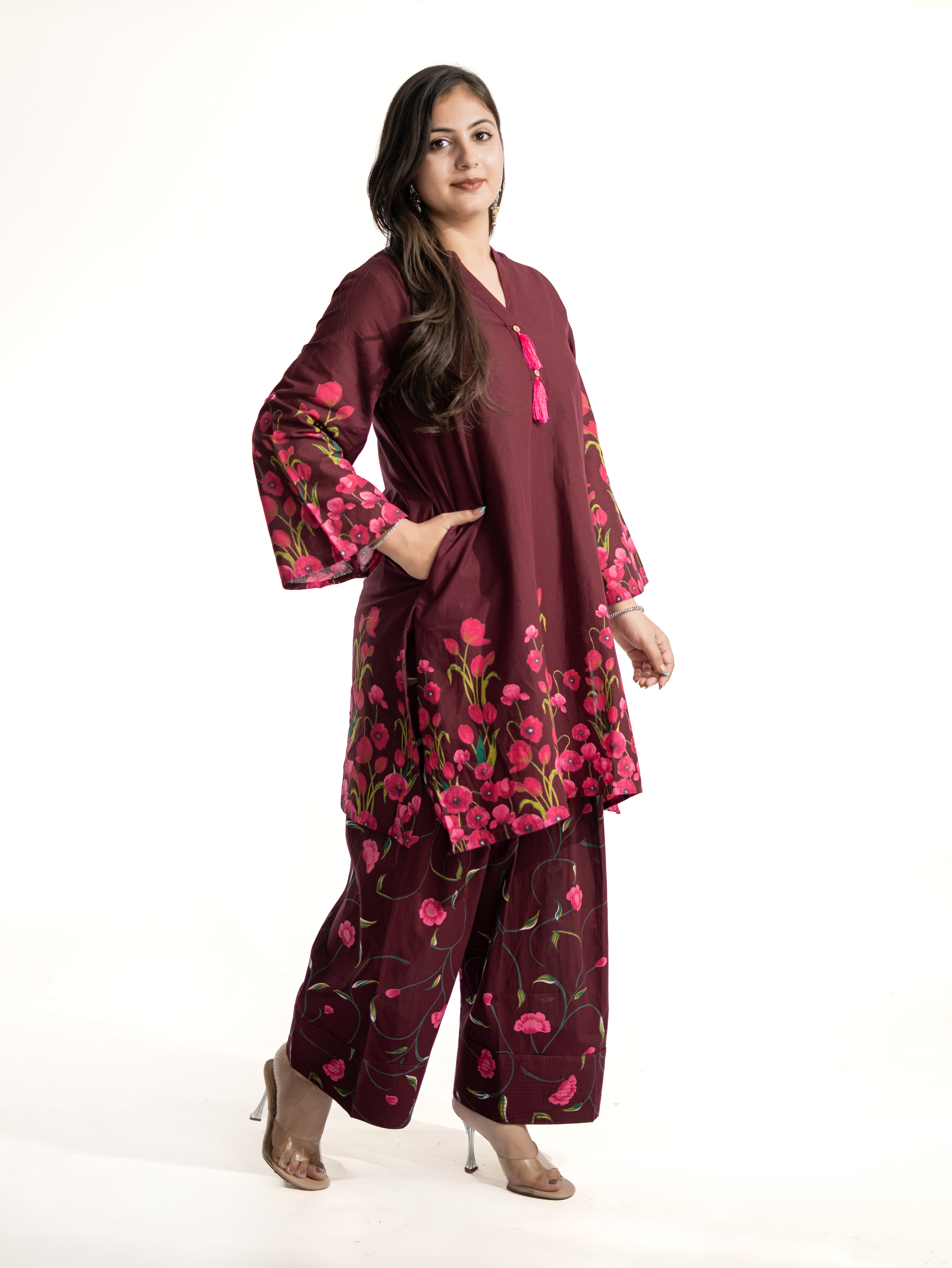 Gulnaar Wine Cotton Floral A-line Farshi Set