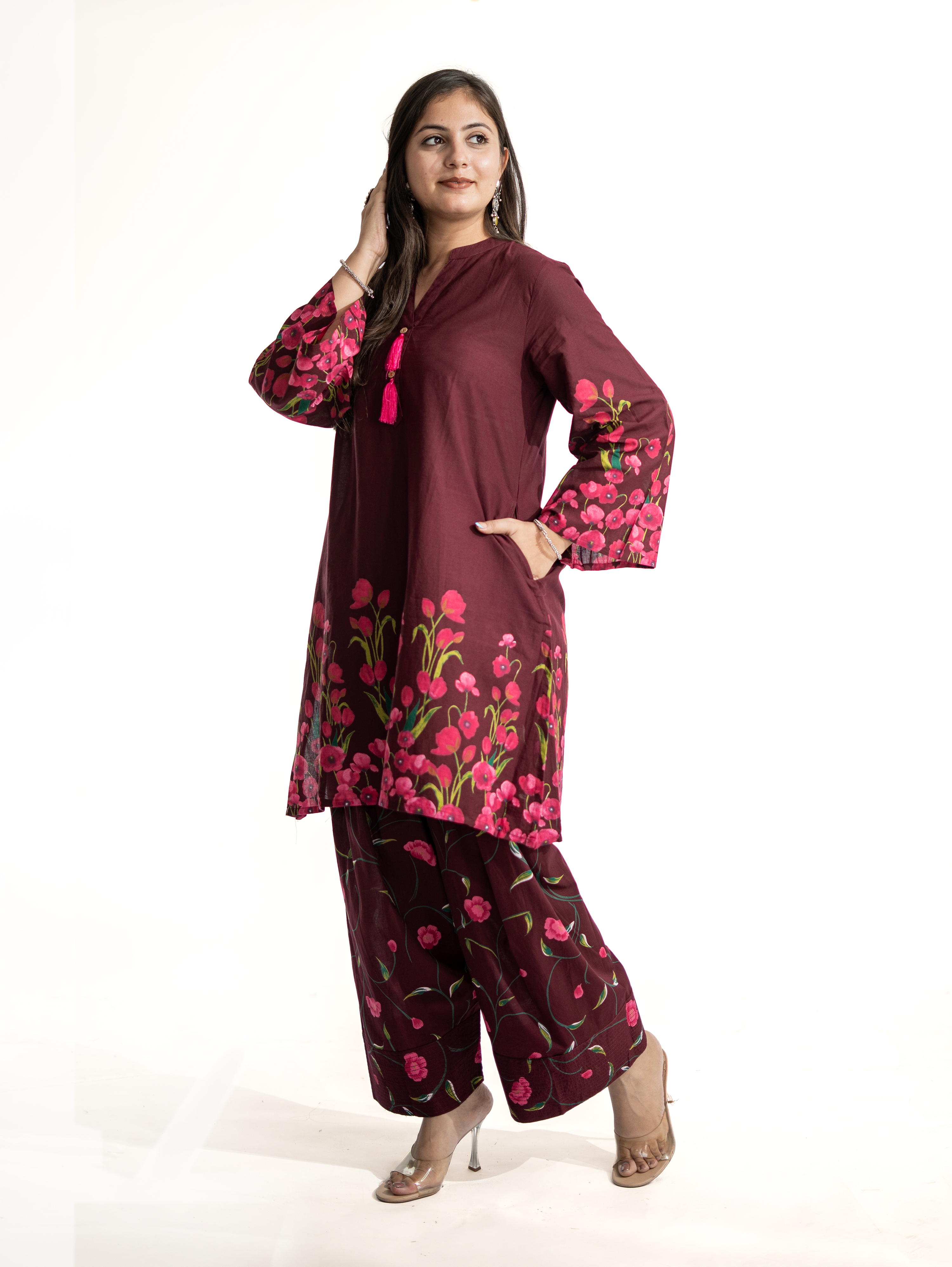 Gulnaar Wine Cotton Floral A-line Farshi Set