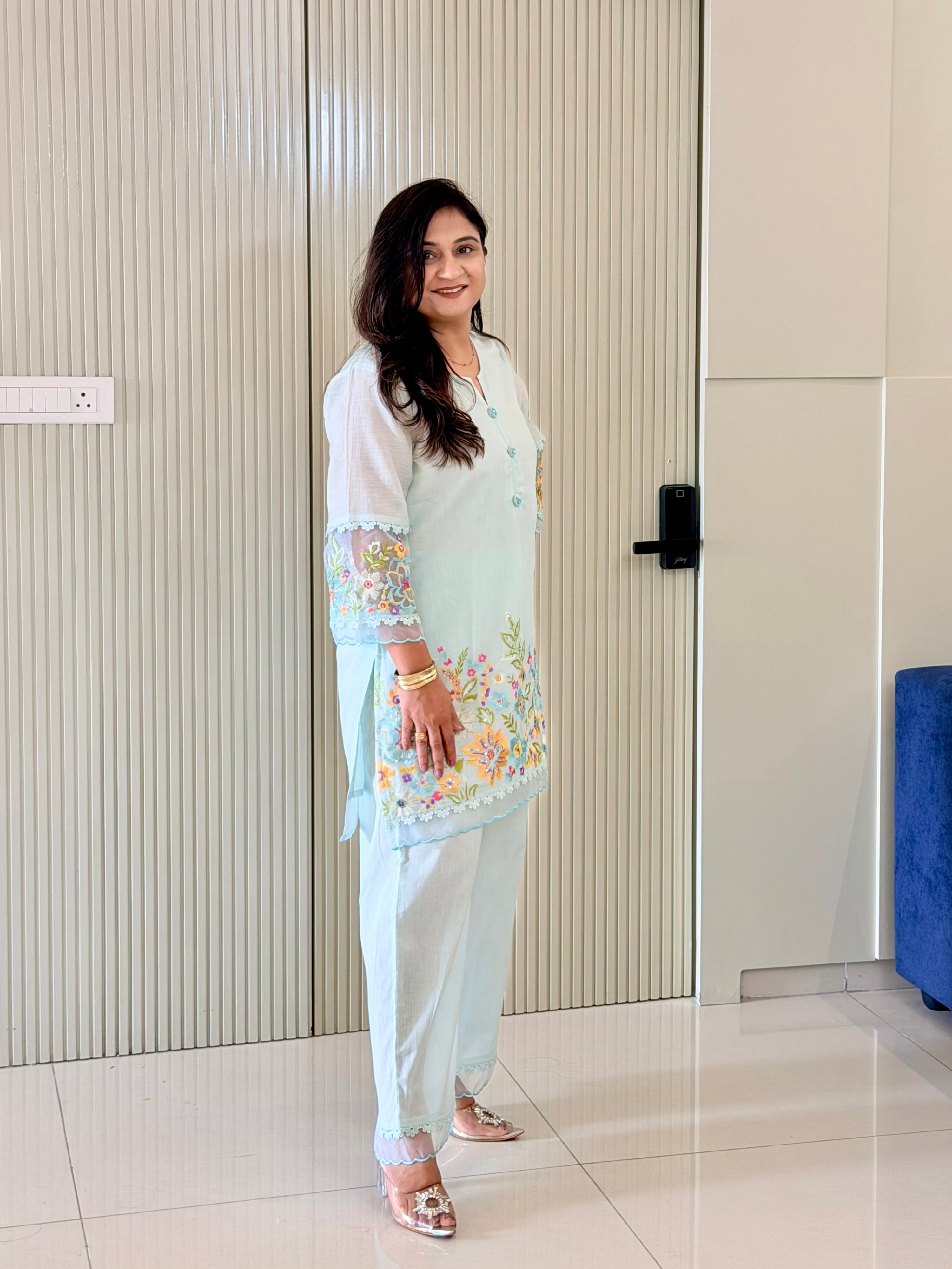 Rusha Pastel Blue Mul Cotton Embroidered Coord Set