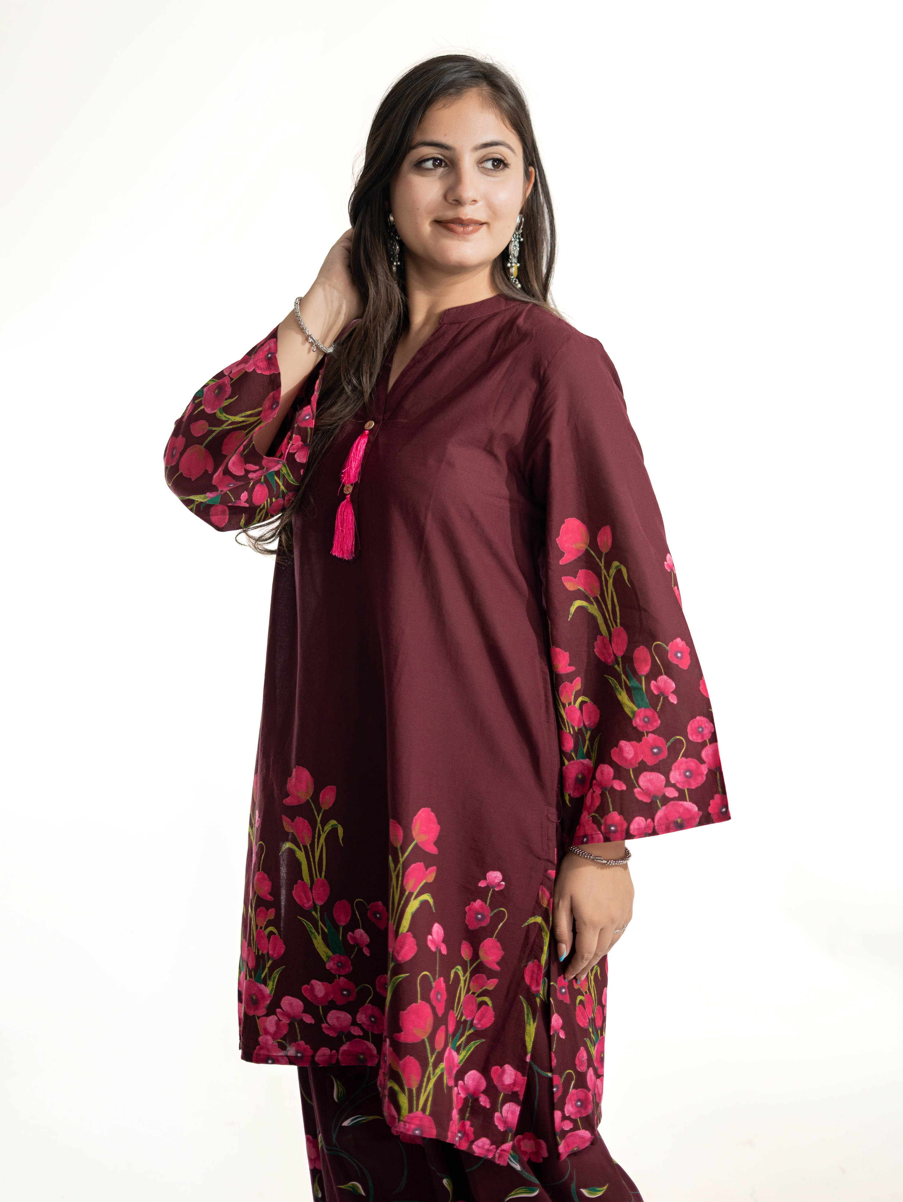 Gulnaar Wine Cotton Floral A-line Farshi Set