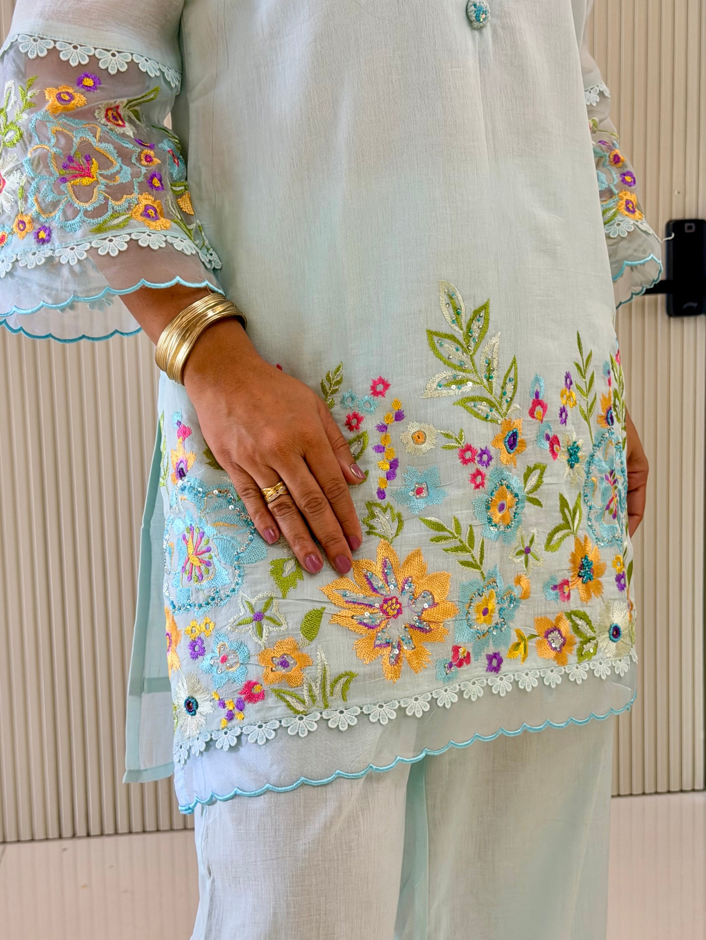 Rusha Pastel Blue Mul Cotton Embroidered Coord Set