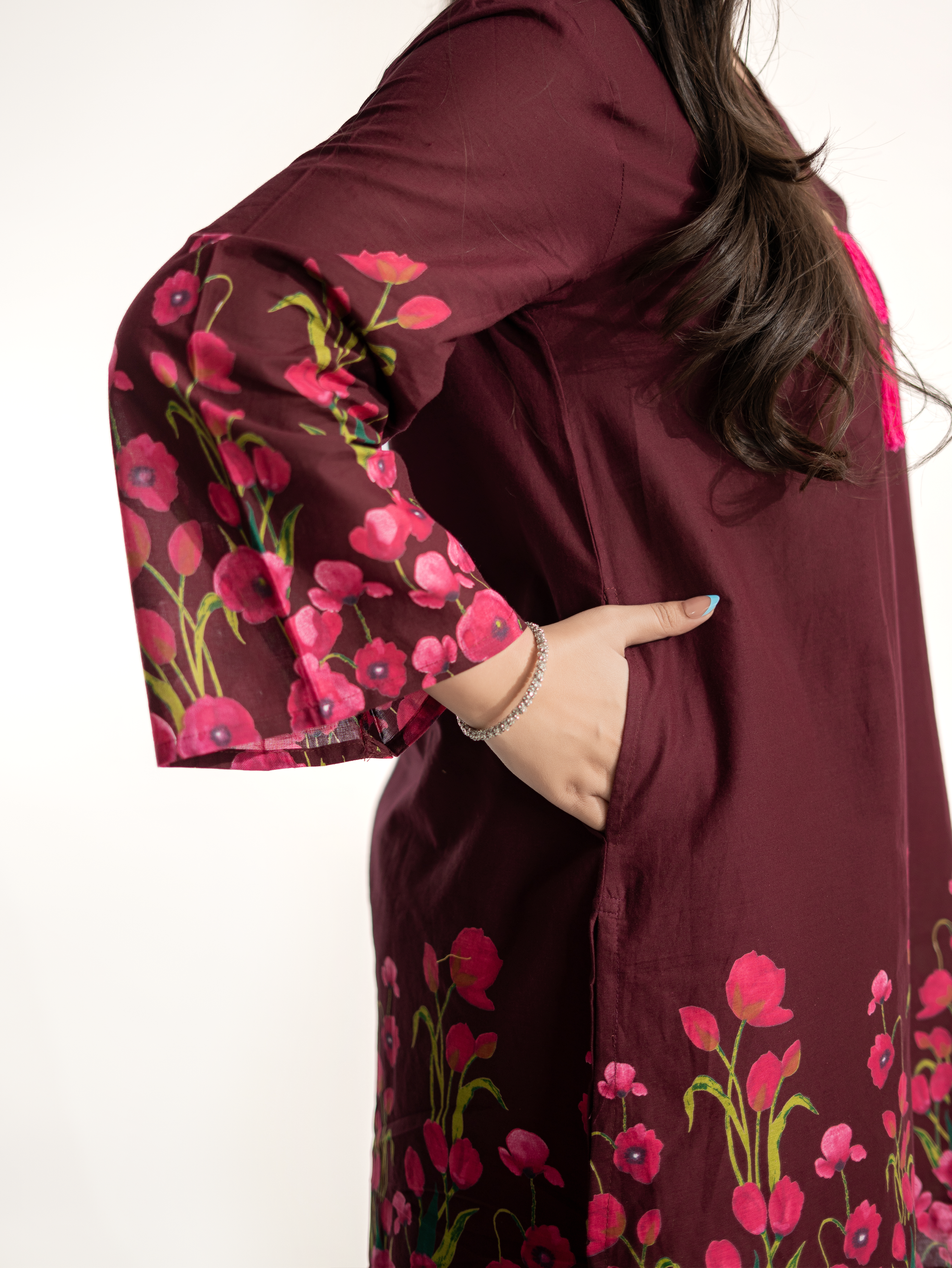 Gulnaar Wine Cotton Floral A-line Farshi Set