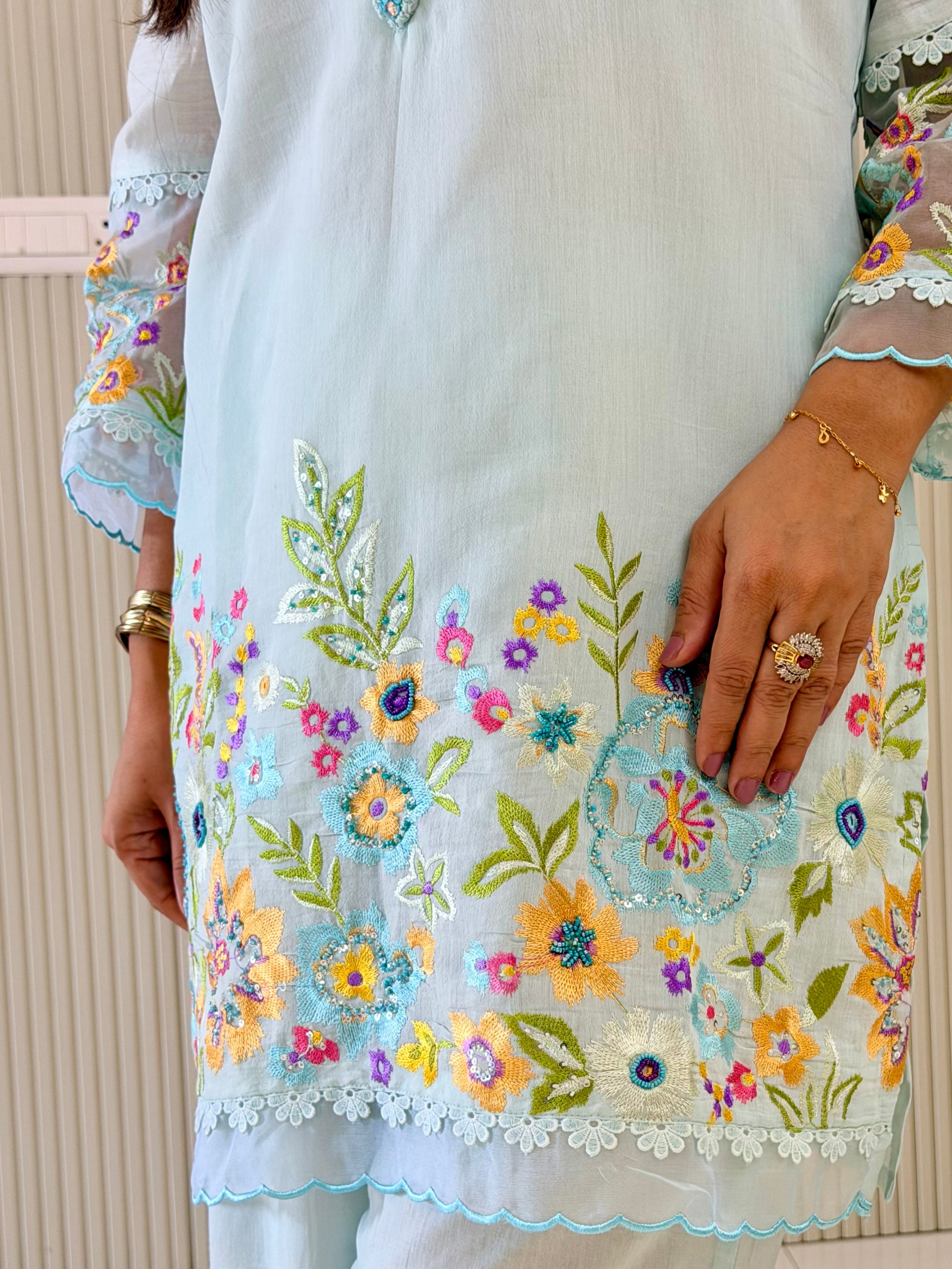 Rusha Pastel Blue Mul Cotton Embroidered Coord Set