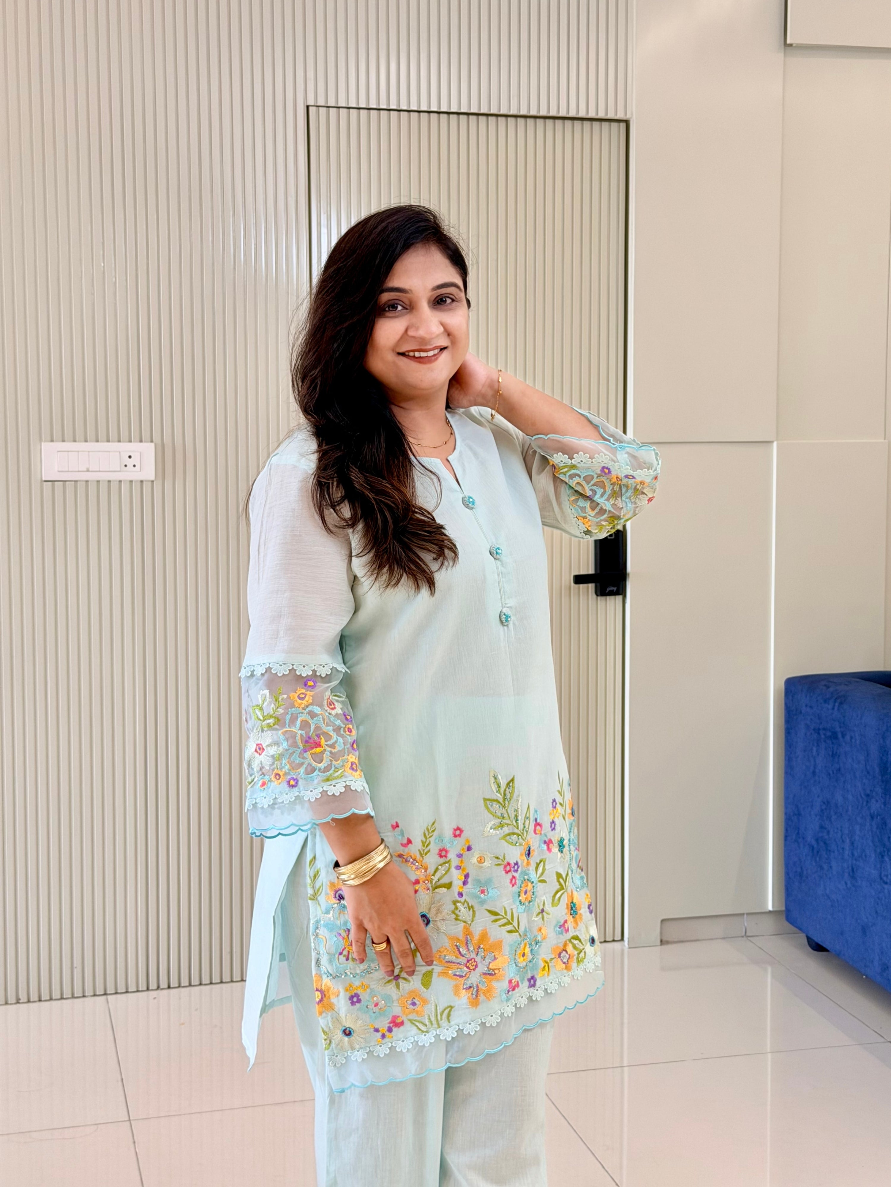 Rusha Pastel Blue Mul Cotton Embroidered Coord Set