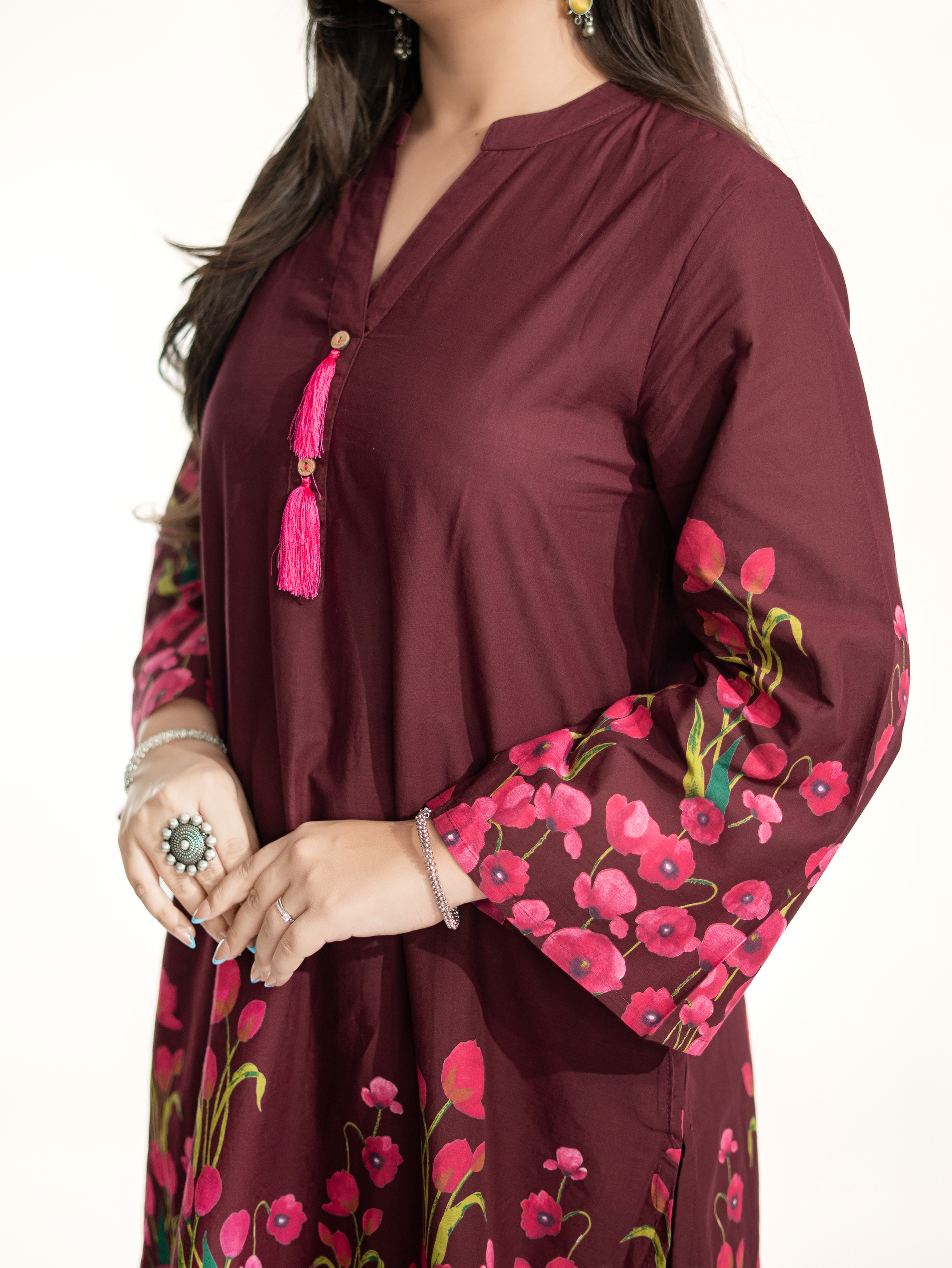 Gulnaar Wine Cotton Floral A-line Farshi Set