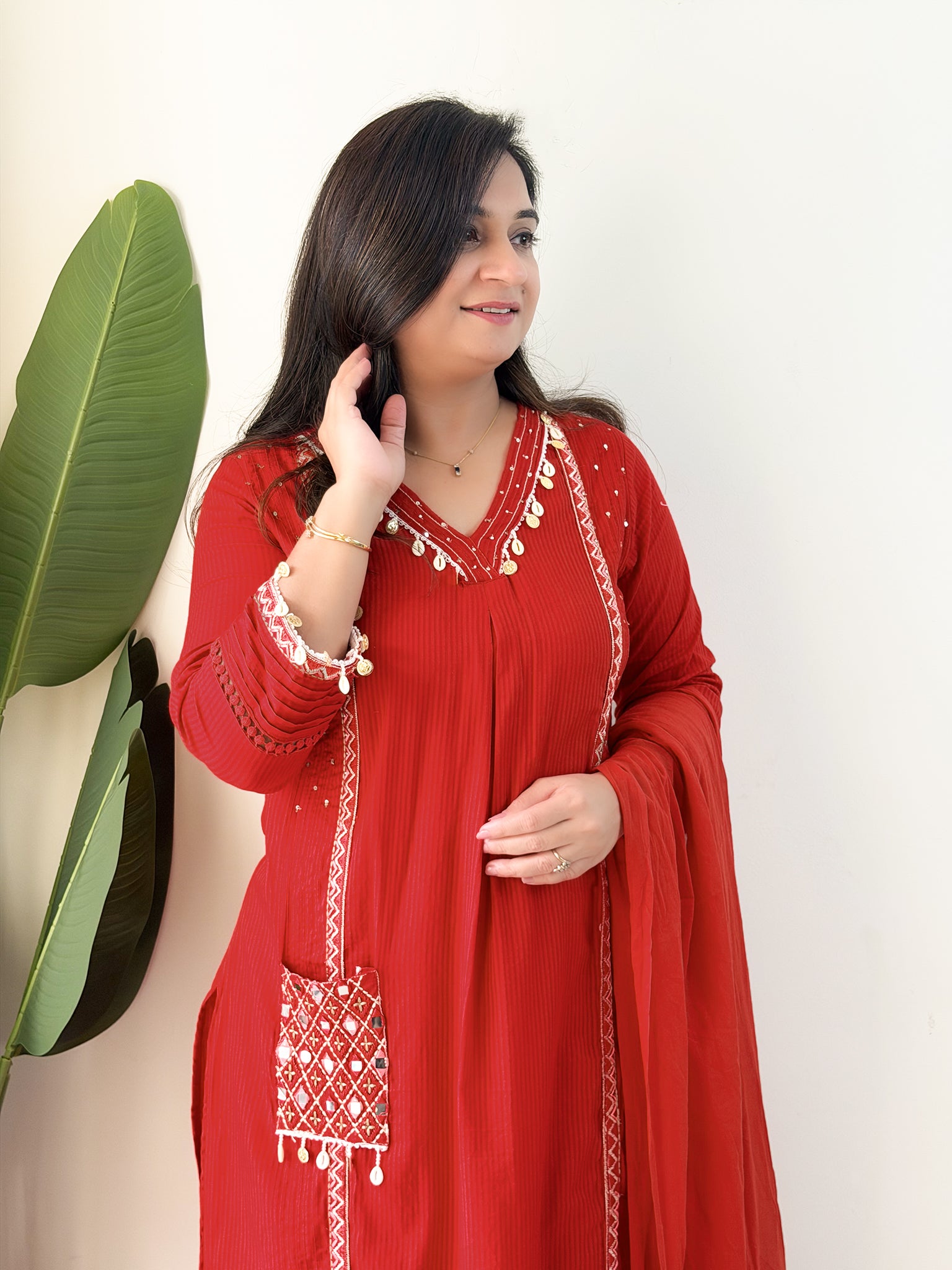 Avanti Red Premium Cotton HandEmbroidered Dupatta Set